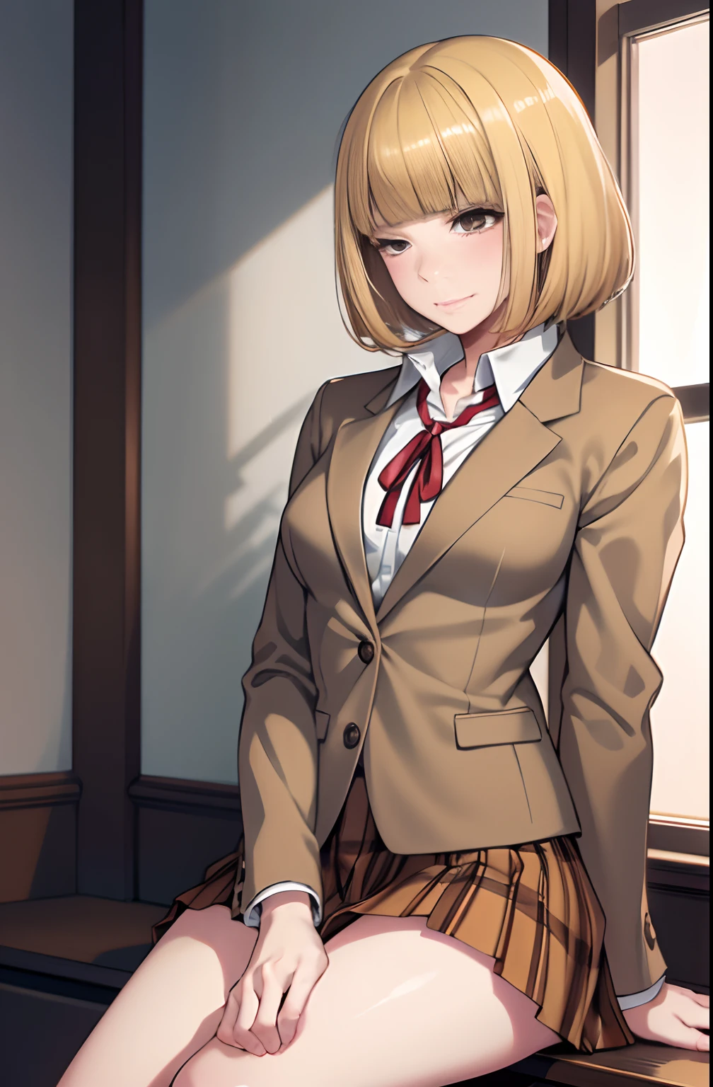 (masutepiece,Best Quality, Detailed), 1girl in, 独奏, crass room, Indoors、Female genitals,I'm not wearing pants, My hands are on my thighs., Closed mouth, 
Hana Midorikawa, Brown jacket, Neck ribbon, shirt with collar, School uniform, plaid skirts, squinting, Lashes, , Open your legs, Sitting, Low visibility, feeling of disgust, squeaky face