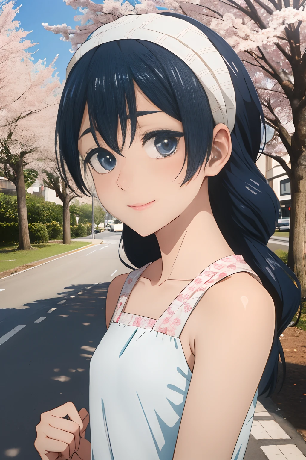 masterpiece, top-quality, hight resolution, ighly detailed, 细致背景, 电影灯光, 1girl in, cute little, Terrell、Medium chest、be shy, fullnude、embarrassed from, Underhair, blush in the face、pubick hair、Female genitals、A slight smil、Public ?????????, ???????? obscenity、looking at the viewers, buliding, outside of house, cherry trees, bokeh dof,