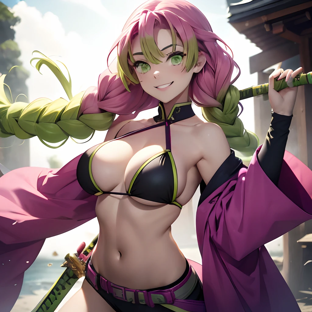 (Smile), The bikini, Japanese Katana Sword, Holding a sword in his hand,Gradient Hair, (Green eyes:1.5), Green hair, Mole under the eyes, multicolored hair, Pink hair, Twin braids, Two-tone hair, huge-breasted, Holding a sword,　Holding a sword, Slash with a sword, Attack the viewer with a sword