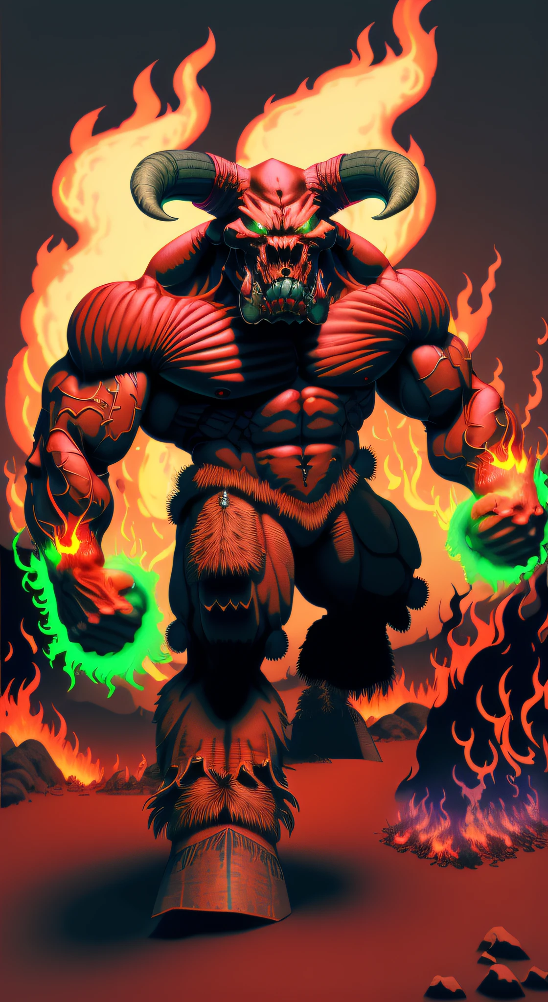 (masterpiece, best quality), (doomboh:1.1), solo, upper body, (energy fist, aura:1.1), volcano, glowing eyes, fire, flames, red