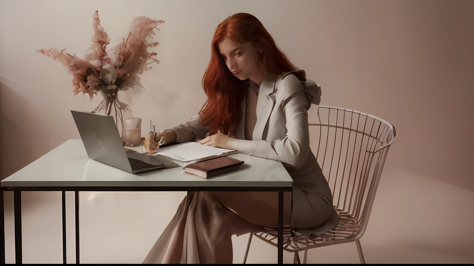 Photo of a woman of European descent, aproximadamente 40 anos, with a mature appearance and red red hair, longo e ondulado, sentada no centro da cena em uma cadeira de vime e metal. She wears a dark suit and is positioned to the left of a white square table. Concentrada, ela escreve em um caderno rosa pastel. Ao lado do caderno, uma caneta prateada repousa. Do lado direito da mesa, There's a modern-designed laptop with the lid partially open. Ao lado do laptop, A tall clear glass vase contains three white roses with green stems. The wall in the background is flat, de cor cinza claro ou branco suave. A atmosfera da imagem exala minimalismo e tranquilidade, com foco na mulher e nos objetos na mesa. The lighting is soft, vinda de uma janela fora do quadro.