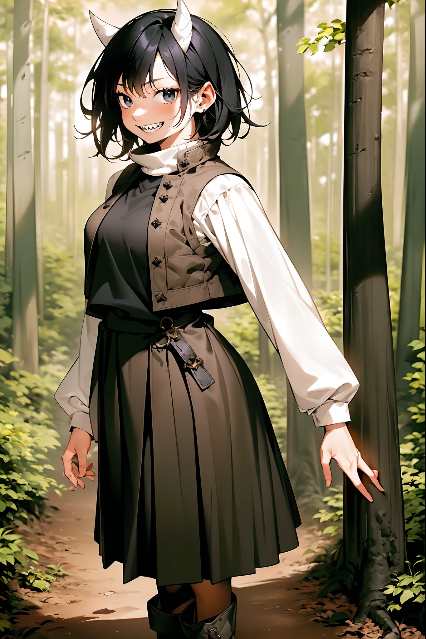 The prompt for generating an artistic image is as follows: "young girl with short black hair, wearing a vest and pullover, with dragon horns and sharp teeth, standing and smiling. She is wearing a full body winter dress with boots and a long skirt. The scene is set in a forest, with the girl dressed in medieval clothes." Tags: young girl, short black hair, vest, pullover, dragon horns, sharp teeth, standing, smiling, full body, winter dress, boots, long skirt, forest, woman-medieval-clothes Image quality: (best quality:1.2), ultra-detailed, realistic:1.37 Art style: portrait, fantasy Color tone: natural, earthy tones Lighting: soft natural light