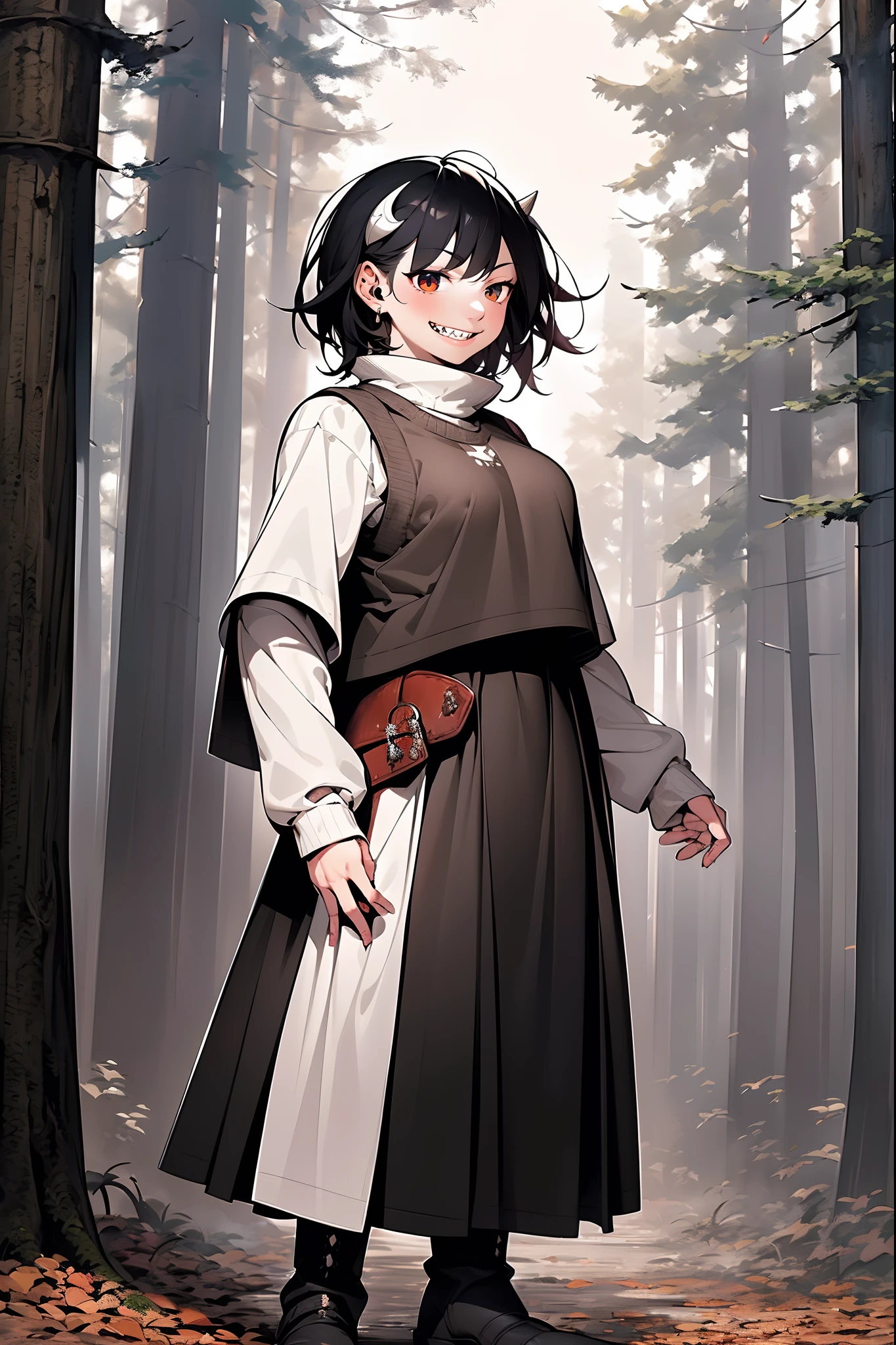 The prompt for generating an artistic image is as follows: "young girl with short black hair, wearing a vest and pullover, with dragon horns and sharp teeth, standing and smiling. She is wearing a full body winter dress with boots and a long skirt. The scene is set in a forest, with the girl dressed in medieval clothes." Tags: young girl, short black hair, vest, pullover, dragon horns, sharp teeth, standing, smiling, full body, winter dress, boots, long skirt, forest, woman-medieval-clothes Image quality: (best quality:1.2), ultra-detailed, realistic:1.37 Art style: portrait, fantasy Color tone: natural, earthy tones Lighting: soft natural light