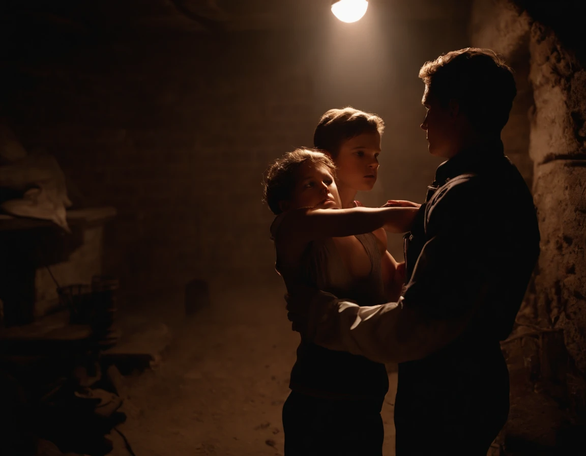 a  boy, with intense expression on his face, wearing an FBI agent uniform, passionately holding a wounded girl in her bra and underwear, in a dimly lit basement. The boy's eyes show determination and resolve, while his hands support the girl gently. The girl's face is covered in blood, displaying pain and vulnerability. The basement is filled with shadows, creating a dark and mysterious atmosphere. The realistic rendering of this scene captures every detail, from the boy's sweat on his forehead to the texture of their clothes. The lighting accentuates the emotional intensity, with soft rays of light casting dramatic shadows.