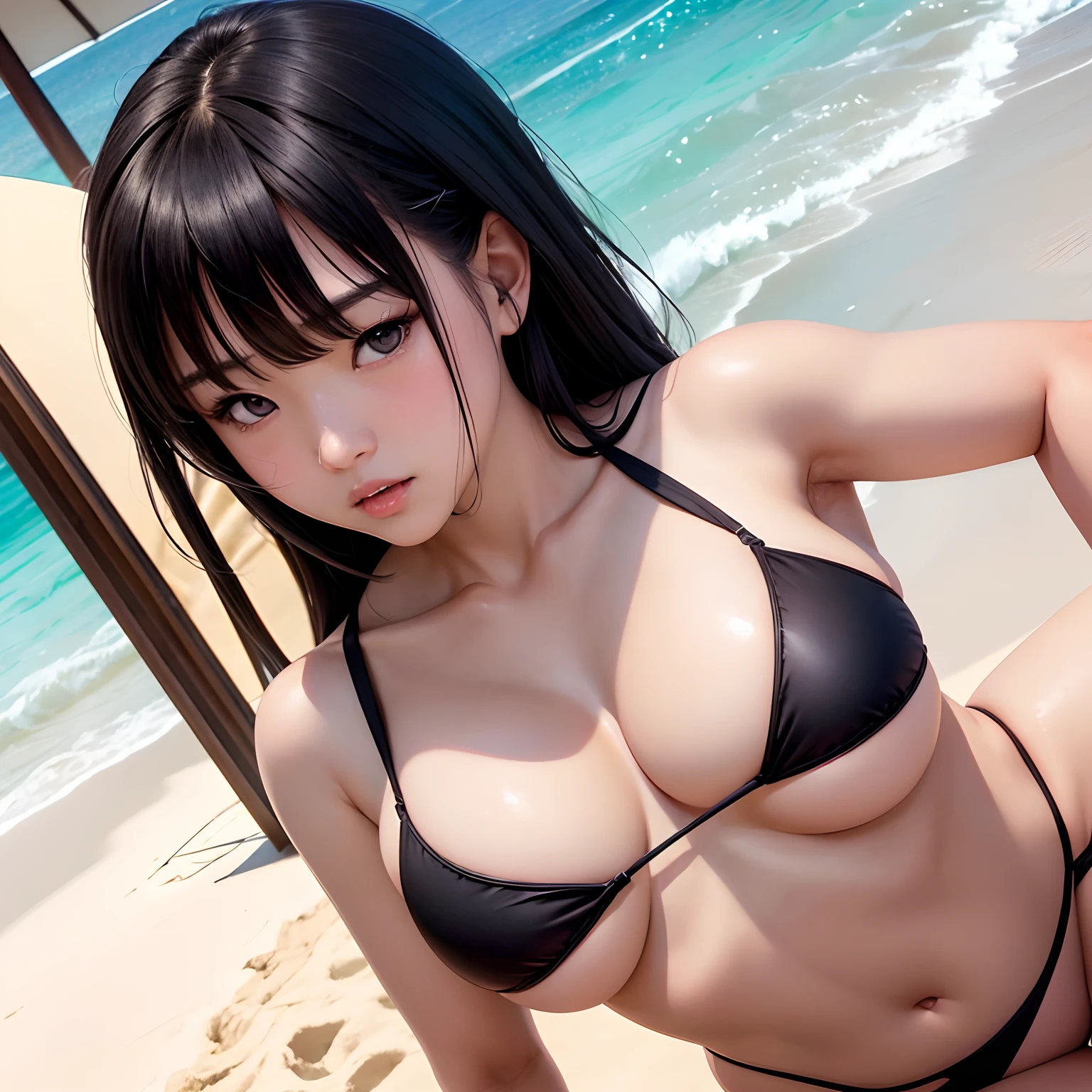 Japanese girl, large chest, bikini, beach, ahegao face, medium length black hair, bangs, brown eyes, light pink lips, sharp chin, thin neck, hyper realism, realistic
