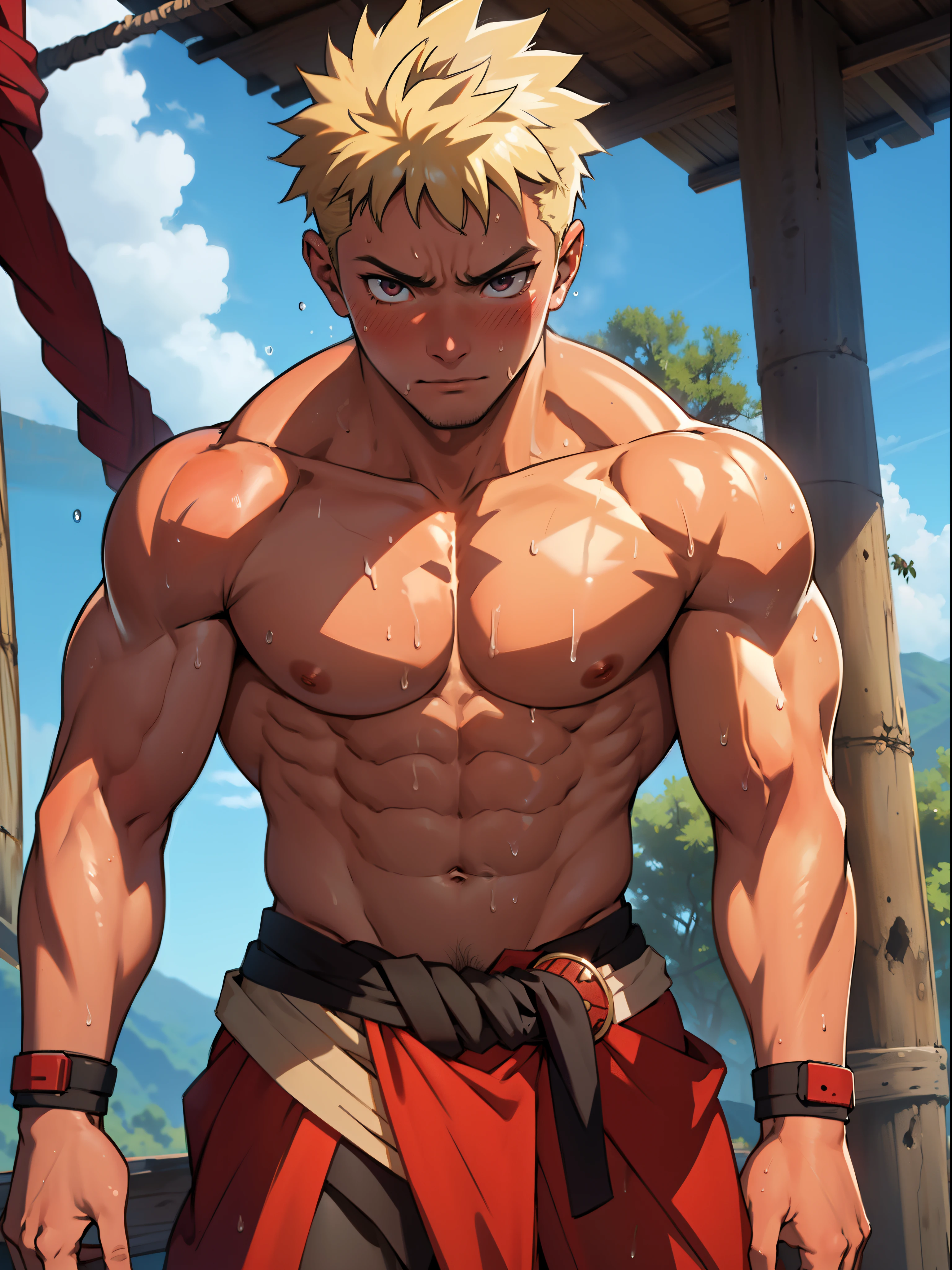 (photo angle from bottom up) red skin, boy shy and blushing (photo subject: Close-up of toned thigh muscles) standing (photo angle from bottom up) [Anime photo] [high quality photo  best] [4k, HD image quality] wearing a short and tight loincloth, sexy, seductive, bodybuilder, huge muscles, exploding sinewy muscles, muscular muscles, standing, lots of sweat flowing down,  sweat profusely, drenched in sweat, lots of sweat running down the body, shirtless, shirtless, hot sun, cute baby face, cold face