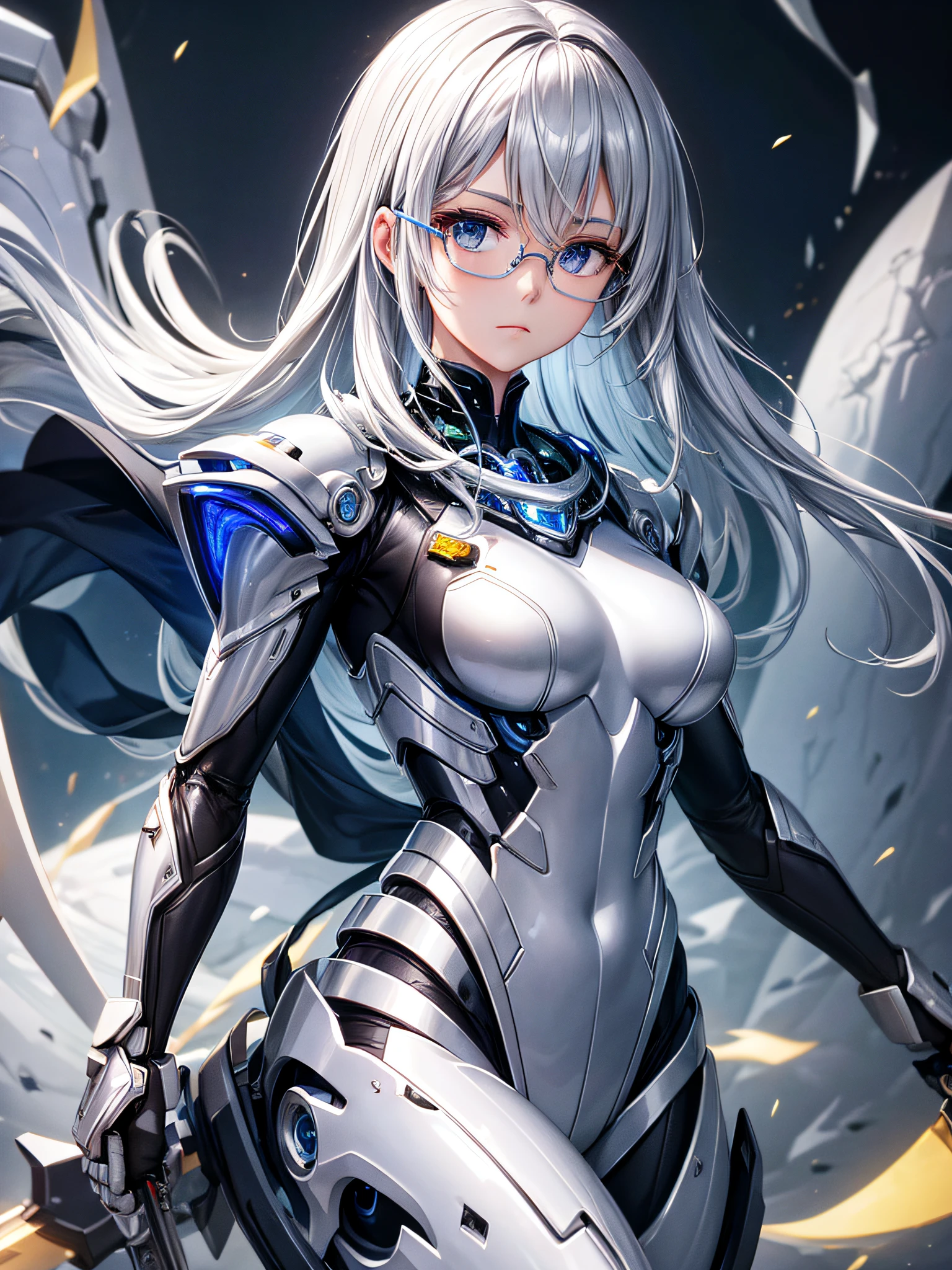 5 8K UHD、Silver metallic body mechanical beauty with glasses holding weapon、Shiny silver robot with hidden skin、Upper body only