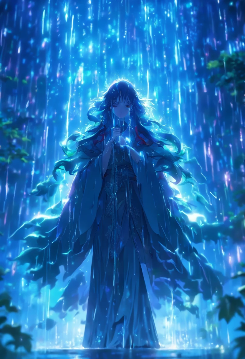 (((rain nature))) best quality, ultra-high resolution, 4K detailed CG, masterpiece,Rain Goddess,nature,raining,rain,Persian clothing,Persian mythology,aesthetics,((Persian Temple)), Beautiful image, centered on the screen