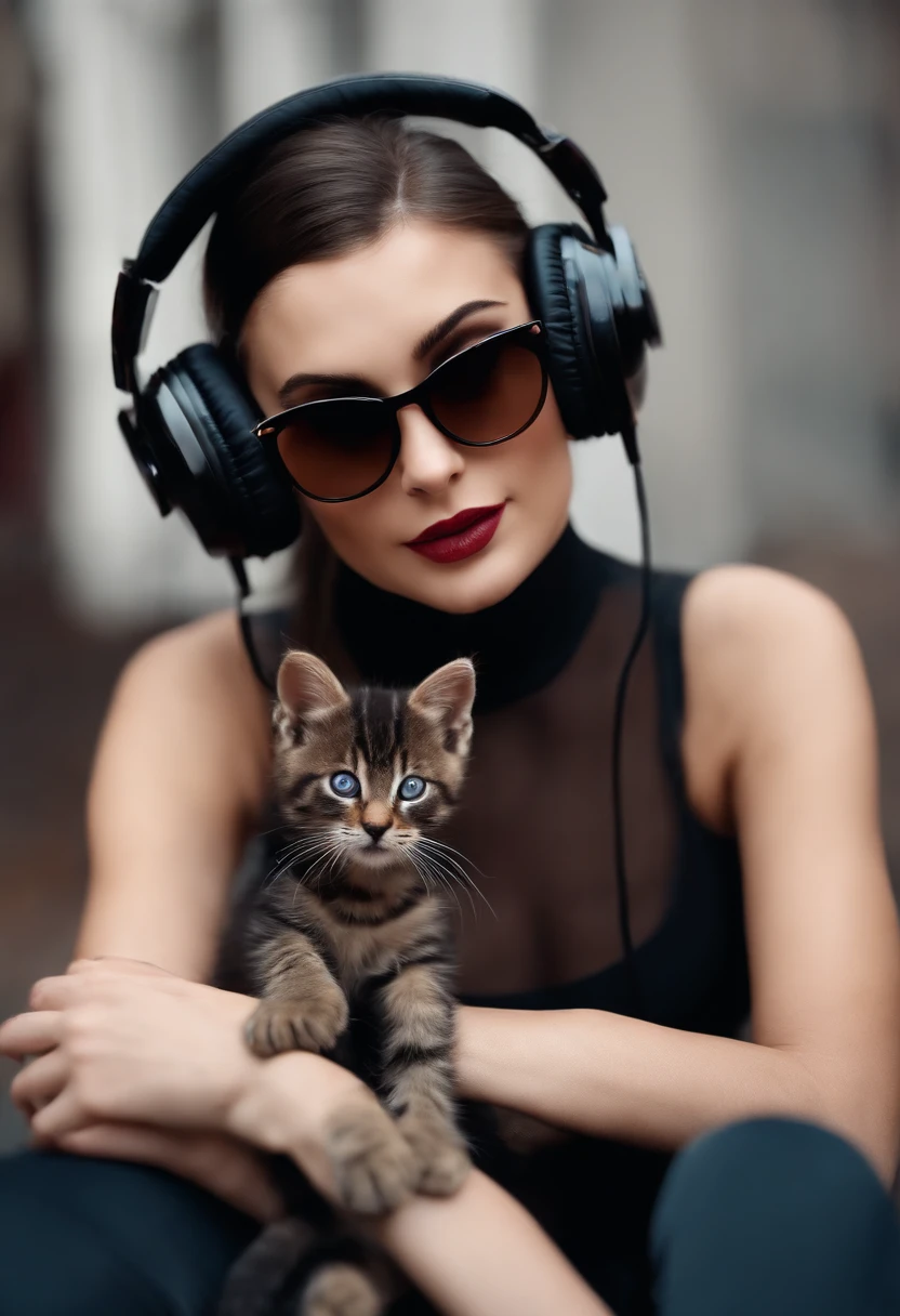 Perfect centering, Cute kittens, Put on your jacket, wearing sunglasses, wearing headphones, cheerfulness, Standing position, abstract beauty, centered, looking at the camera, facing the camera, approaching perfection, dynamic, Highly detailed, Smooth, sharp-focus, 8K