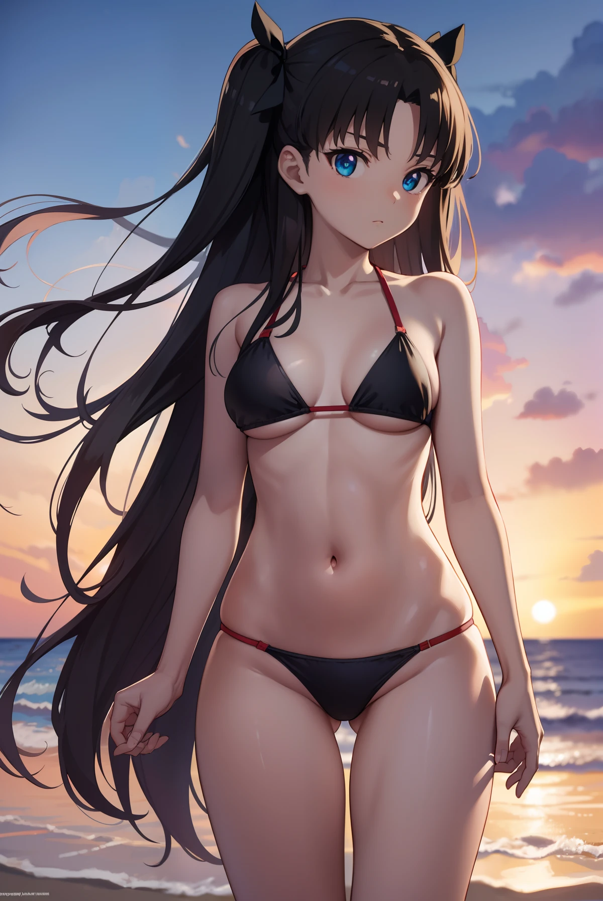 rintohsaka, rin tohsaka, aqua eyes, black hair, hair ribbon, long hair, ribbon, sidelocks, two side up, (medium breast:1.2),
BREAK bikini, bikini bottoms, bikini top
BREAK outside, beach,
BREAK looking at viewer, BREAK (masterpiece:1.2), best quality, high resolution, unity 8k wallpaper, (illustration:0.8), (beautiful detailed eyes:1.6), extremely detailed face, perfect lighting, extremely detailed CG, (perfect hands, perfect anatomy), cowboy shot, full body