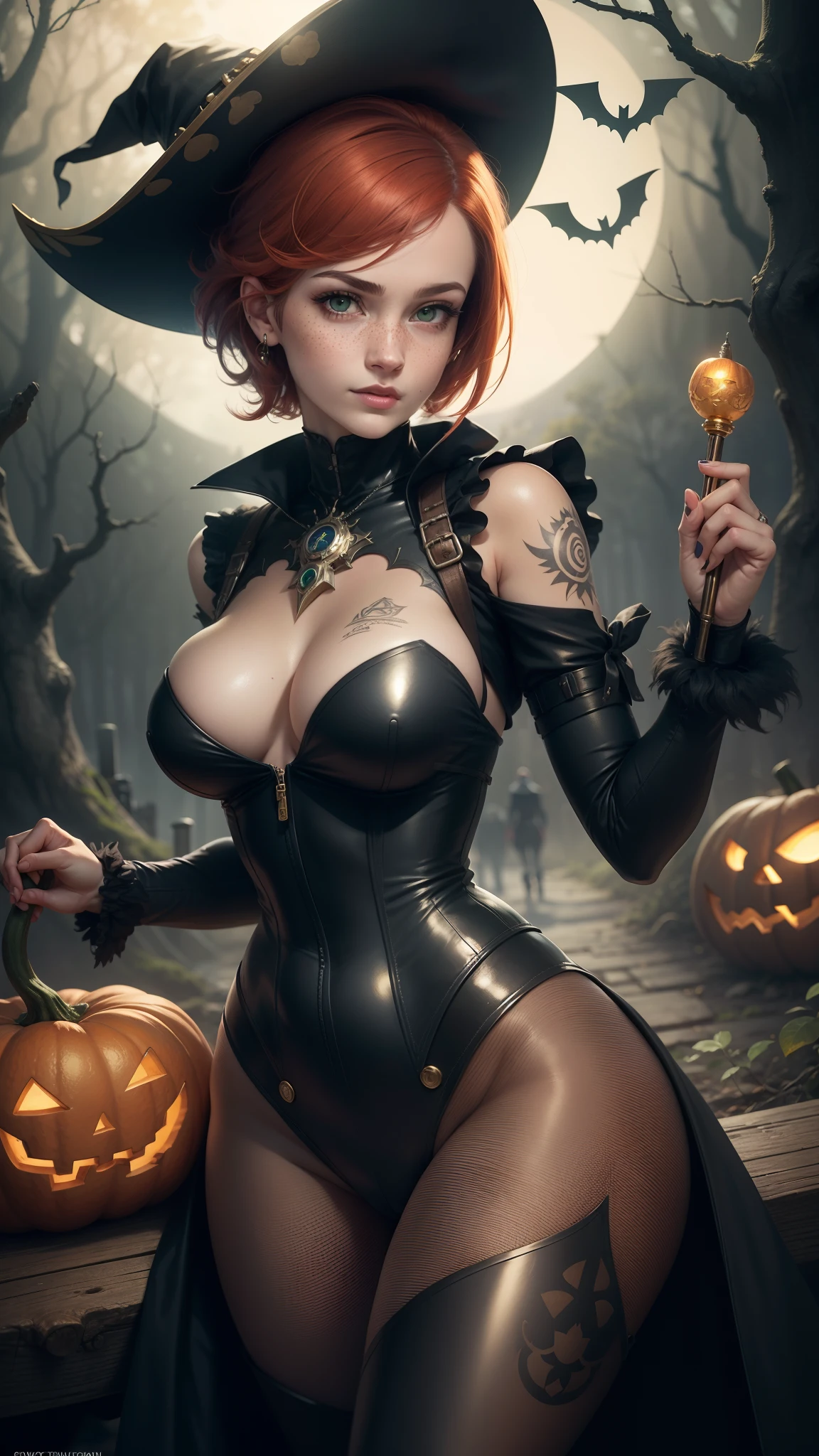gwen tennyson,tracer,rebecca chambers, bulma,atelier ryza,nier automata,1girl, close up,mecha pilot,tattoos,halloween forest,golden and red plugsuit,pirate corset,silver long sleeve lycra top,fishnet leggings,short hair,cute makeup, green eyes,red and gold hair,shy smile, freckles,redhead,beautiful girl,large breasts,ultra detailed,realistic,fantasy art,long victorian dress,steel armor, halloween pumpkin,moonlight,witch cloak,neck and head jewelry,witch hat, magic wand,