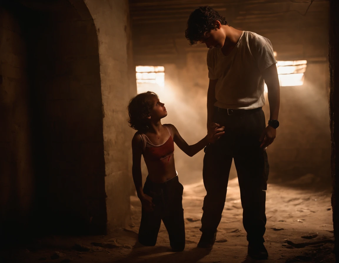 a age boy, with intense expression on his face, wearing an FBI agent uniform, passionately holding a wounded girl in her bra and underwear, in a dimly lit basement. The boy's eyes show determination and resolve, while his hands support the girl gently. The girl's face is covered in blood, displaying pain and vulnerability. The basement is filled with shadows, creating a dark and mysterious atmosphere. The realistic rendering of this scene captures every detail, from the boy's sweat on his forehead to the texture of their clothes. The lighting accentuates the emotional intensity, with soft rays of light casting dramatic shadows.
