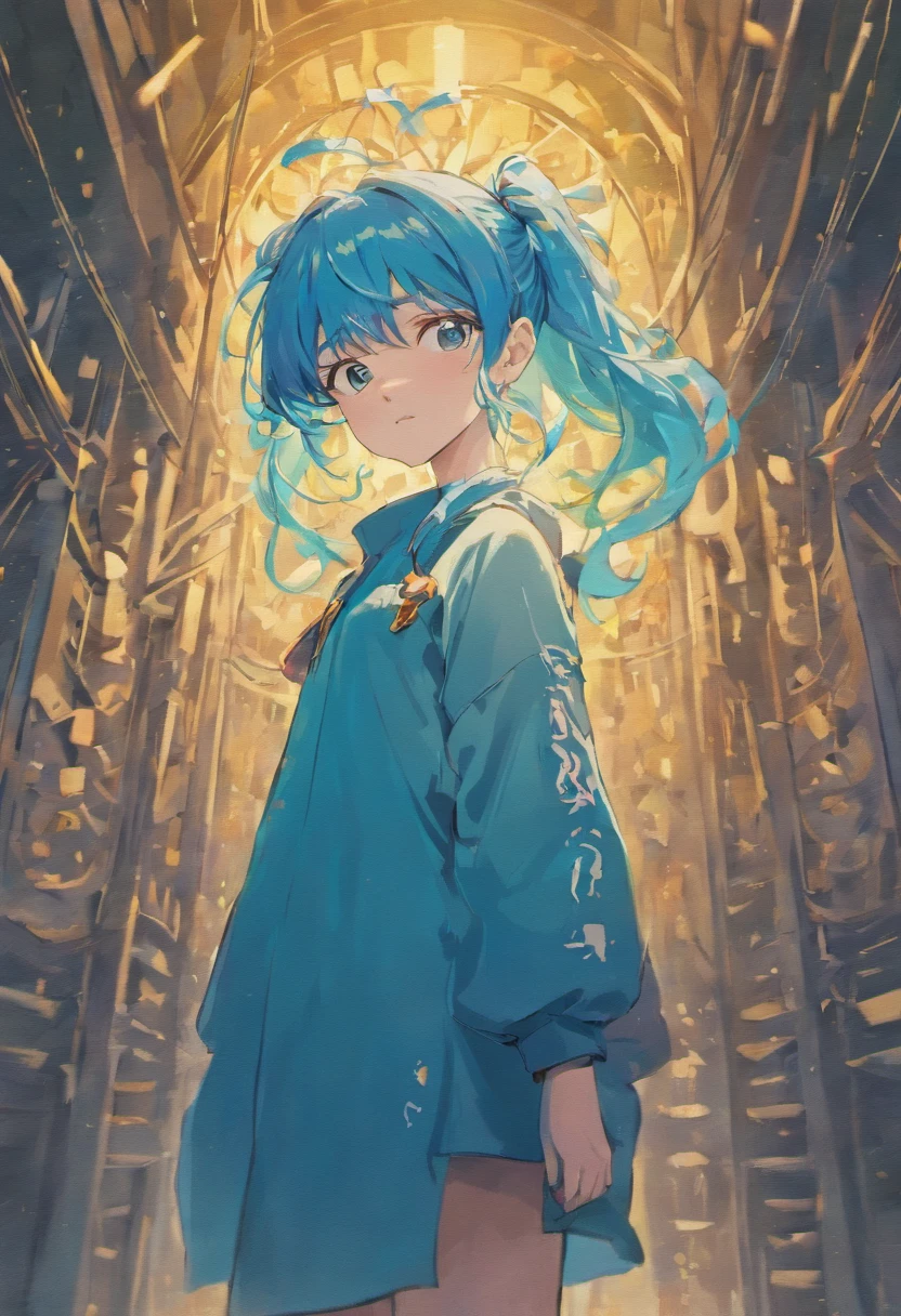 tall girl with blue hair