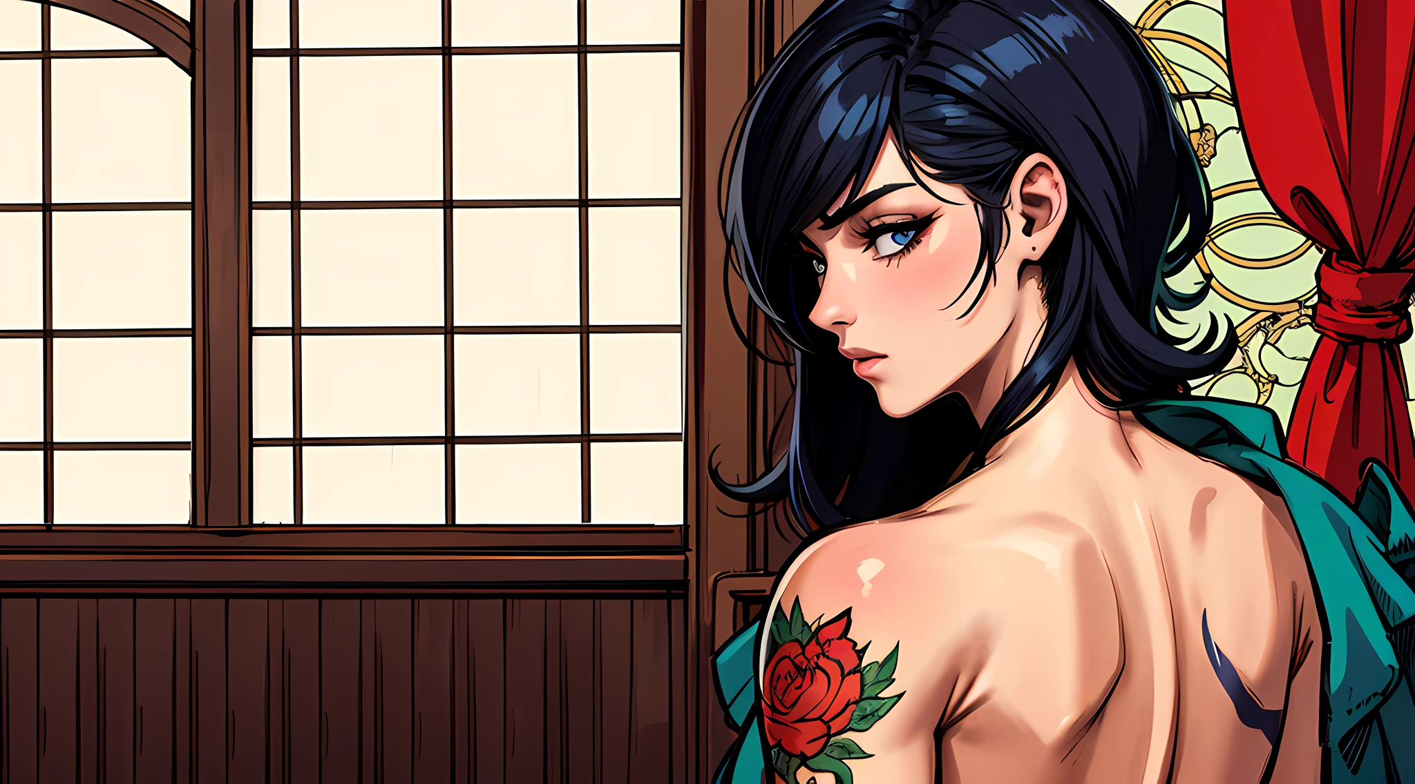 (obra-prima, qualidade superior, melhor qualidade, arte oficial, beautiful and aesthetic: 1.2), 1girl with Asian features, tatuagem, solo, roupas japonesas, ornamento de cabelo, desembainhamento, cabelo preto, bainha, tatuagem nas costas, olhos azuis, fora do ombro, ombros nus, looking behind, from behind, dragon tattoo, olhando para o espectador, segurando, maquiagem, Interior