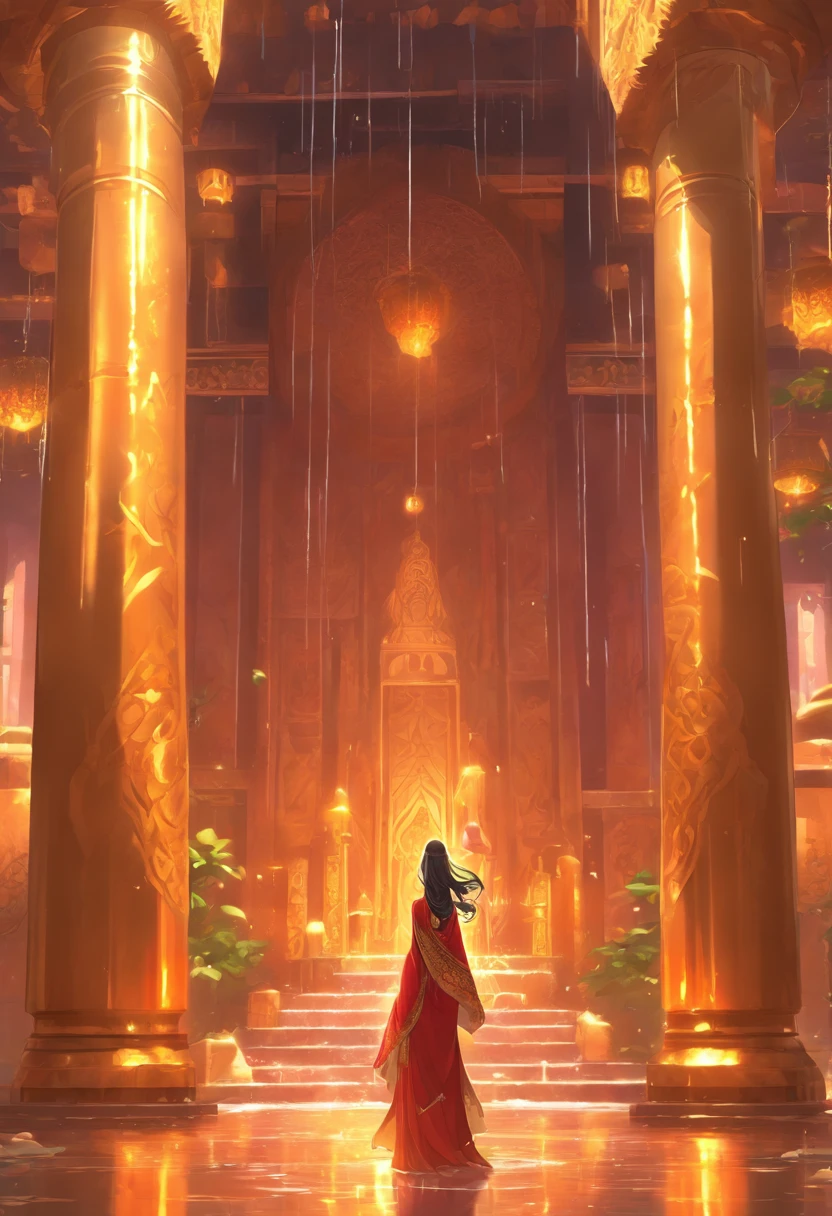 (((Persian Temple))) best quality, ultra-high resolution, 4K detailed CG, masterpiece,Rain Goddess,temple,raining,rain,Persian clothing,Persian mythology,aesthetics,((Persian Temple)), Beautiful image, centered on the screen