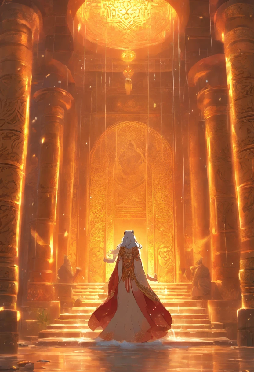 (((Persian Temple))) best quality, ultra-high resolution, 4K detailed CG, masterpiece,Rain Goddess,temple,raining,rain,Persian clothing,Persian mythology,aesthetics,((Persian Temple)), Beautiful image, centered on the screen