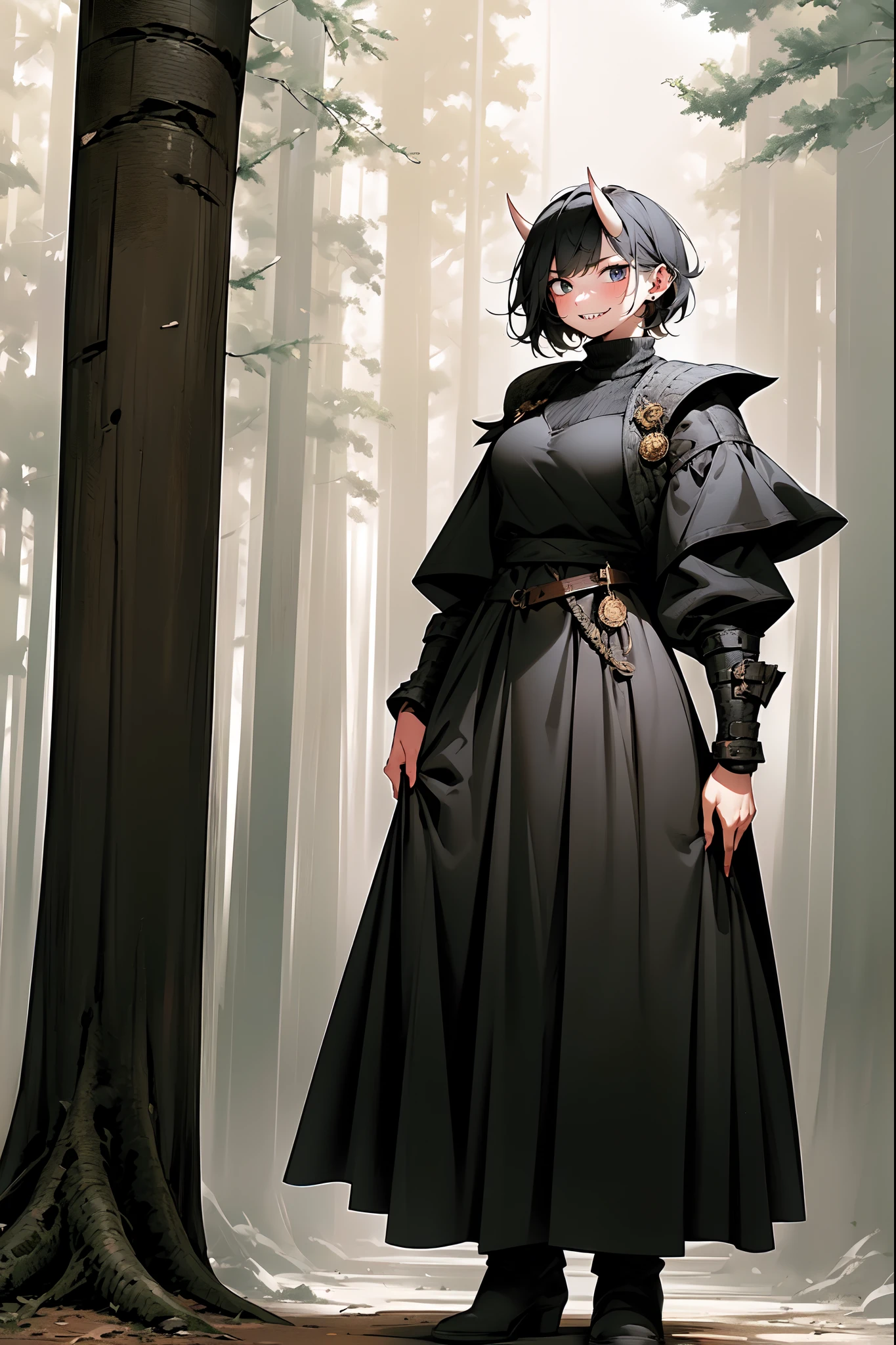 short hair, youngirl,black hair, vest, pullover, dragon horns, sharpteeth, standing, smile, full body , boots, long skirt, winter dress,, forest, woman-medieval-clothes, horns