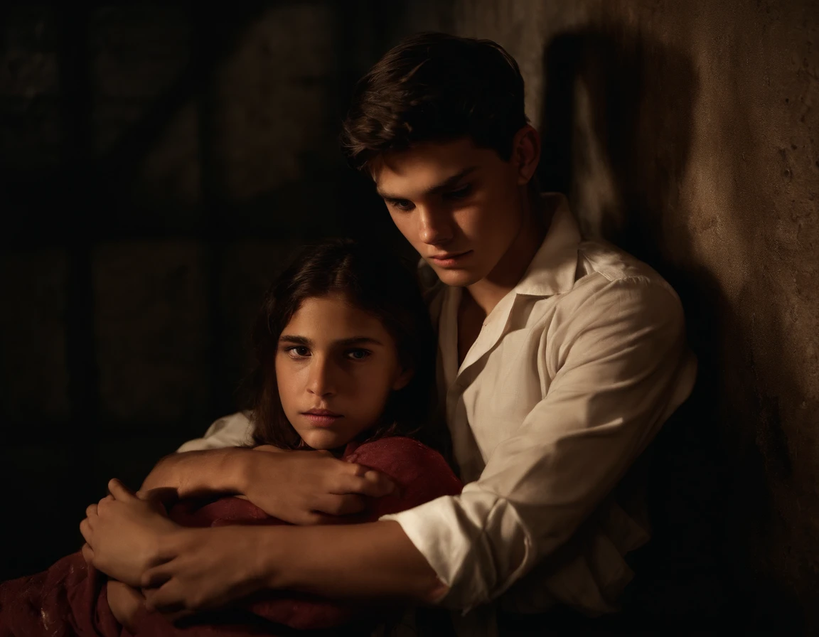 a age boy, with intense expression on his face, wearing an FBI agent uniform, passionately cradleing a wounded girl in her bra and underwear, in a dimly lit basement. The boy's eyes show determination and resolve, while his hands support the girl gently. The girl's face is covered in blood, displaying pain and vulnerability. The basement is filled with shadows, creating a dark and mysterious atmosphere. The realistic rendering of this scene captures every detail, from the boy's sweat on his forehead to the texture of their clothes. The lighting accentuates the emotional intensity, with soft rays of light casting dramatic shadows.