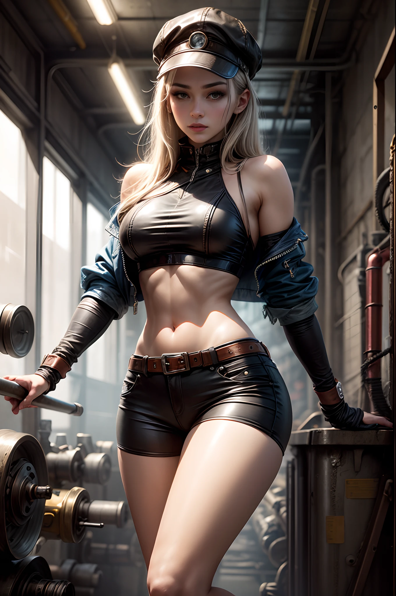 "Leather-clad mechanic girl, steampunk essence, midriff on display, industrial setting, artistic grit"