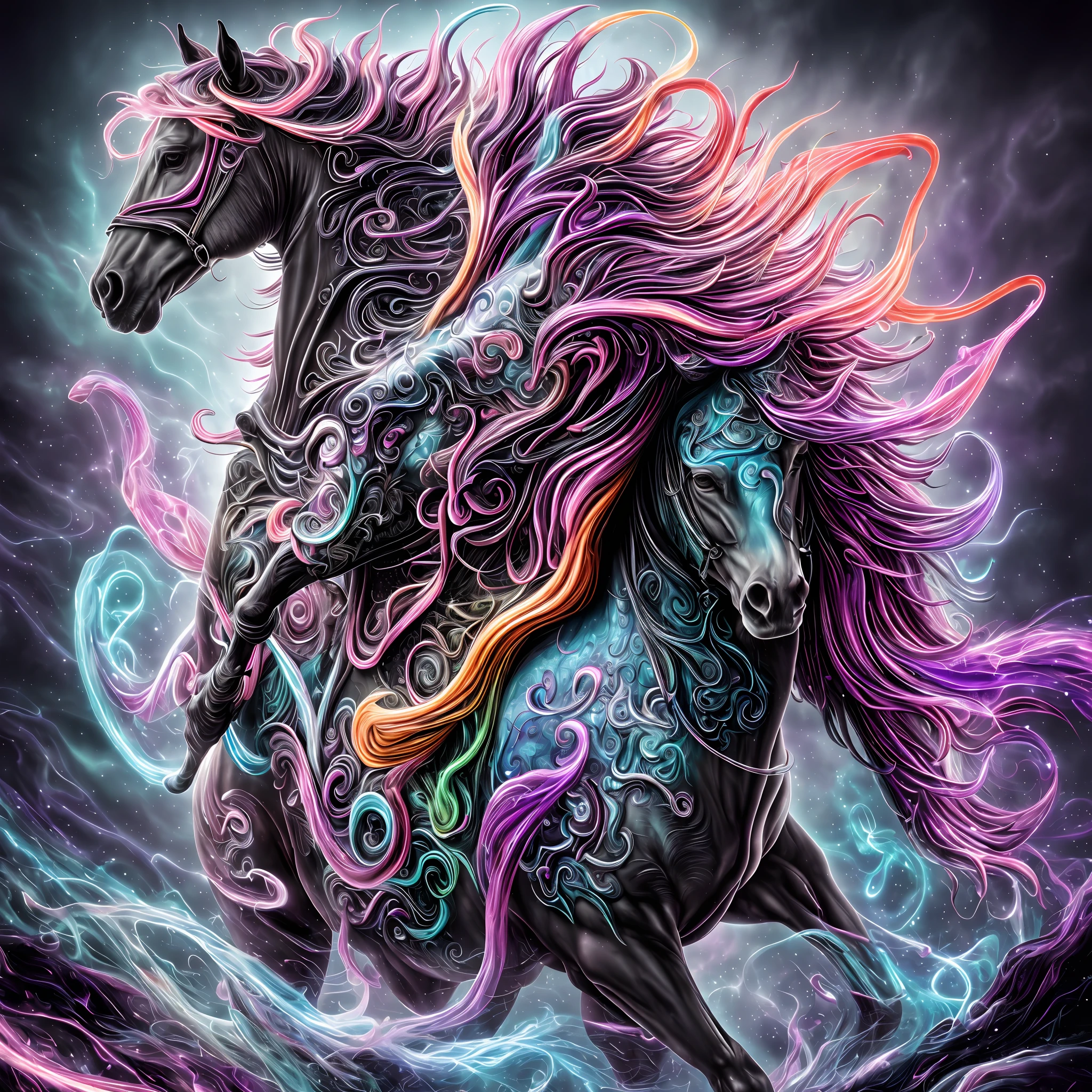 A mystical horseman, surrounded by swirling energy flows, delves into the forgotten expanses of galaxies, embodying dark ages and psychedelia. (best quality, highres, masterpiece:1.2), ultra-detailed, realistic:1.37, HDR, fine art, portraits, vibrant colors, cosmic environment, ethereal atmosphere, mesmerizing light effects