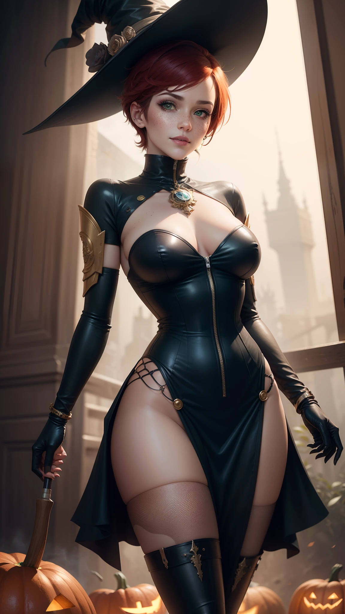 gwen tennyson,tracer,rebecca chambers, bulma,atelier ryza,nier automata,1girl, close up,mecha pilot,tattoos,haunted mansion,golden and red plugsuit,pirate corset,silver long sleeve lycra top,fishnet leggings,short hair,cute makeup, green eyes,red and gold hair,shy smile, freckles,redhead,beautiful girl,large breasts,ultra detailed,realistic,fantasy art,long victorian dress,steel armor, halloween pumpkin,moonlight,witch cloak,neck and head jewelry,witch hat, magic wand,