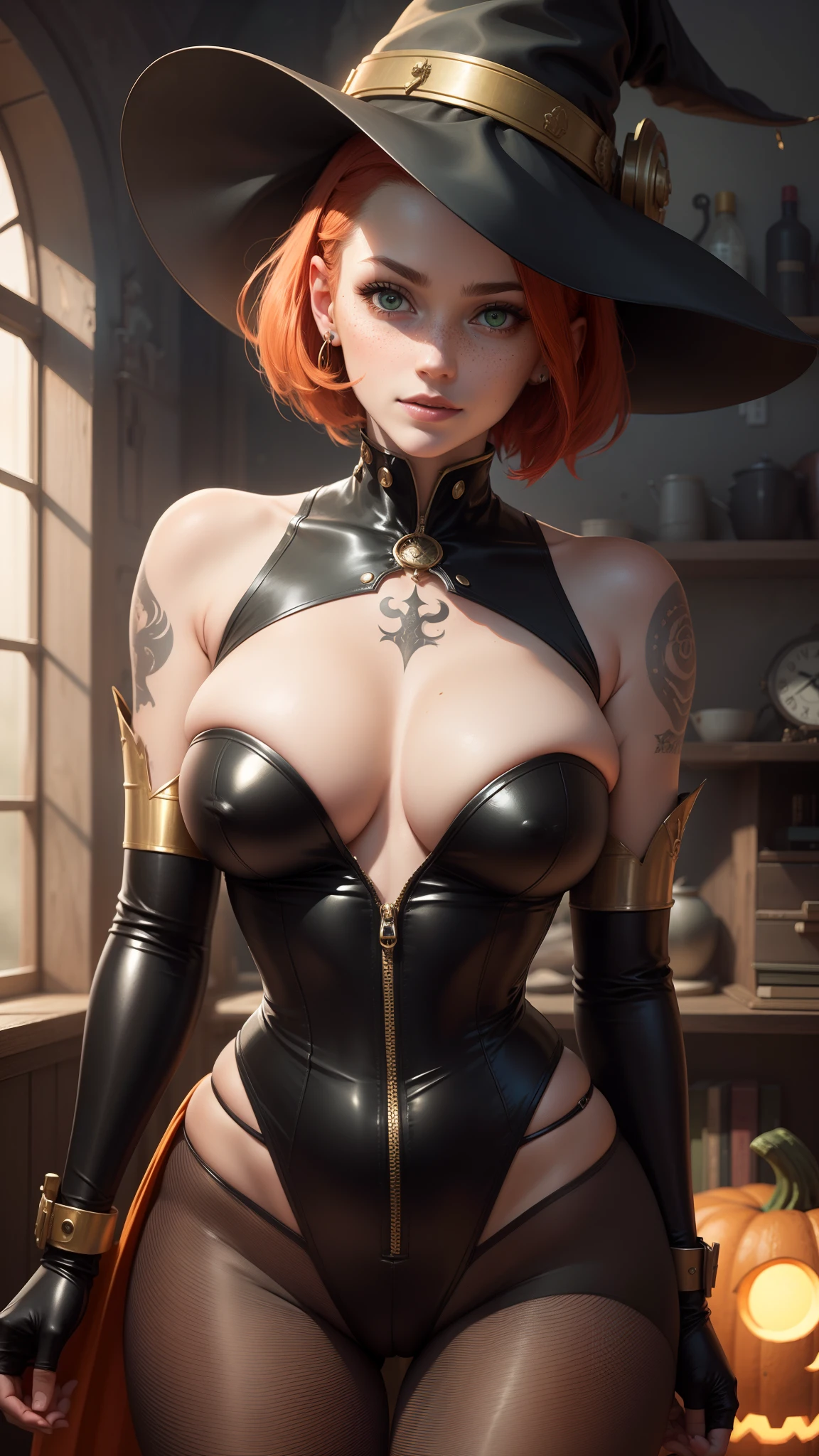 gwen tennyson,tracer,rebecca chambers, bulma,atelier ryza,nier automata,1girl, close up,mecha pilot,tattoos,haunted mansion,golden and red plugsuit,pirate corset,silver long sleeve lycra top,fishnet leggings,short hair,cute makeup, green eyes,red and gold hair,shy smile, freckles,redhead,beautiful girl,large breasts,ultra detailed,realistic,fantasy art,long victorian dress,steel armor, halloween pumpkin,moonlight,witch cloak,neck and head jewelry,witch hat, magic wand,