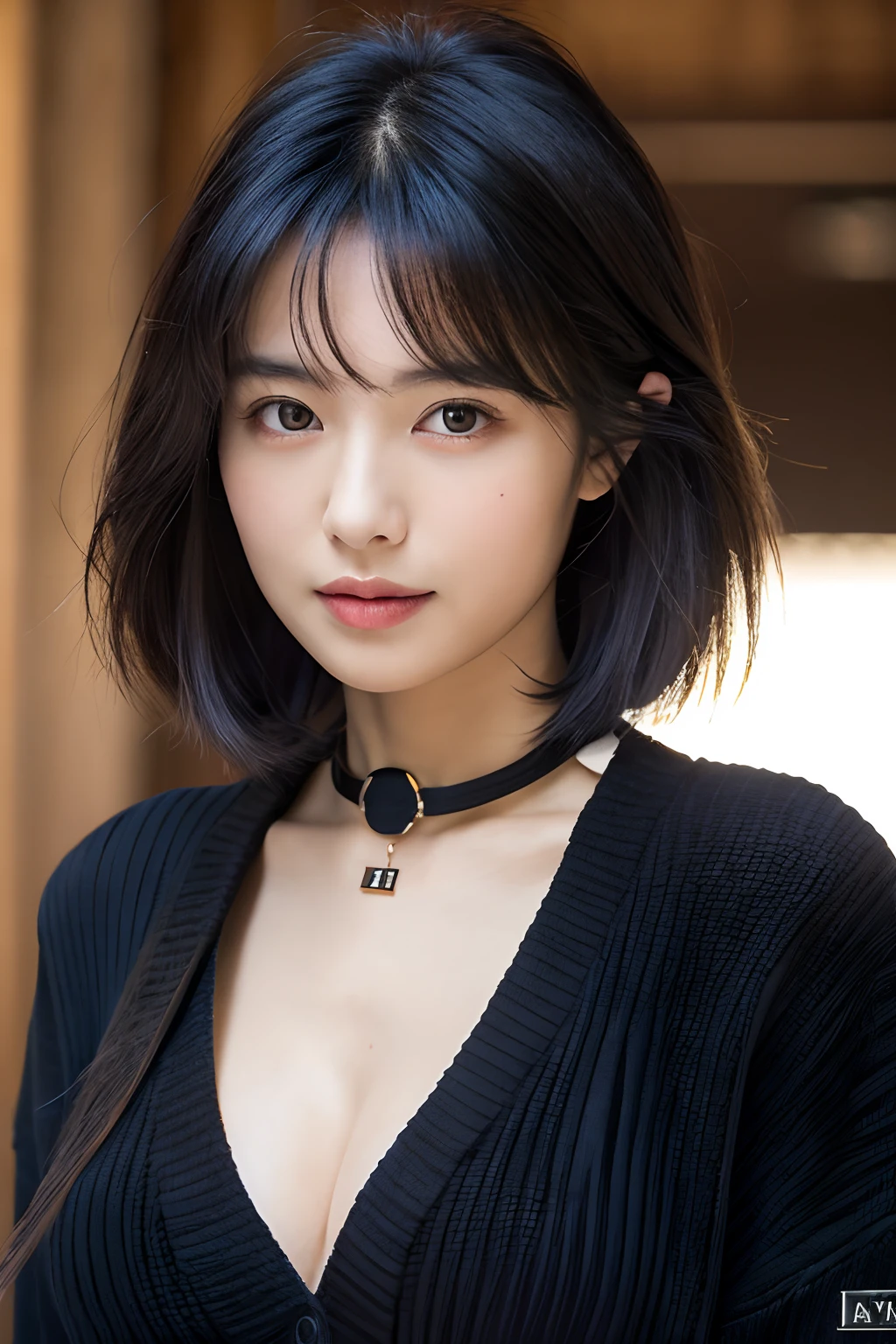 (Best quality, 8k, 32k, masterpiece, UHD: 1.2), Photo of pretty Japanese woman, big breasts, black hair, upper body, face focus, oversized_sweater, collar, simple background, d  'at the top, looking at the viewer,