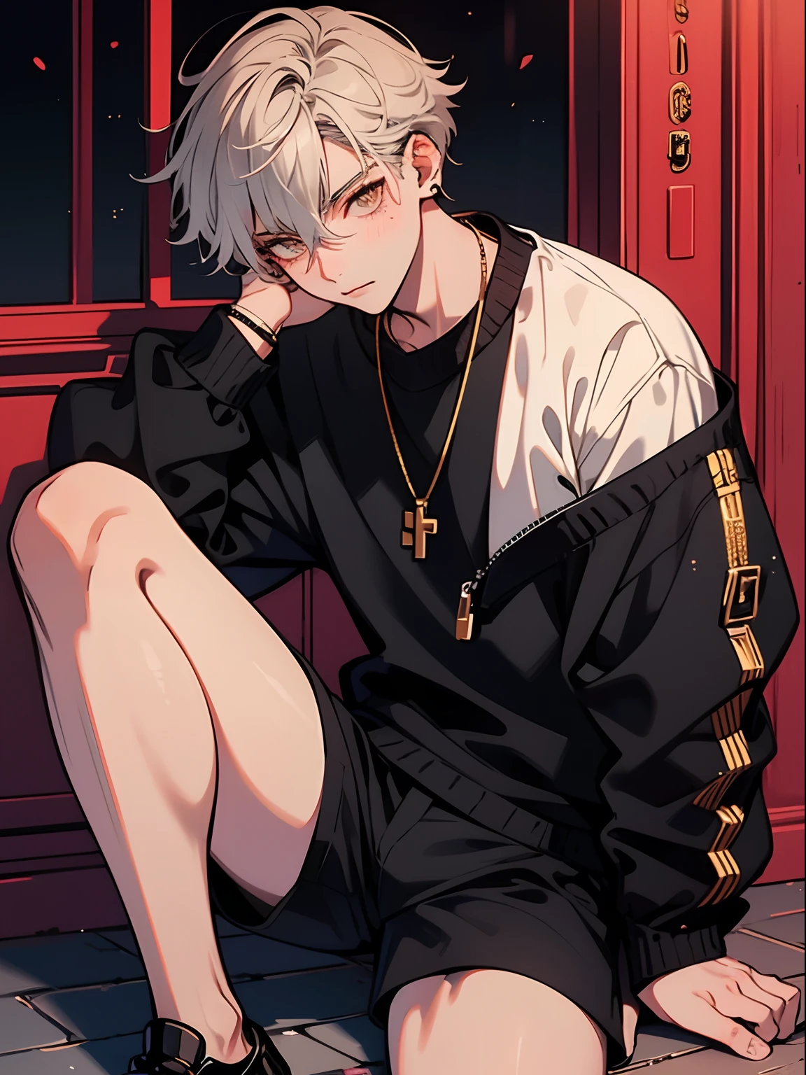 Handsome boy, Short gray hair, Golden eyes, Super high detail, White off-the-shoulder sweatshirt, Black skinny shorts, A little fleshy thigh, sat on the ground