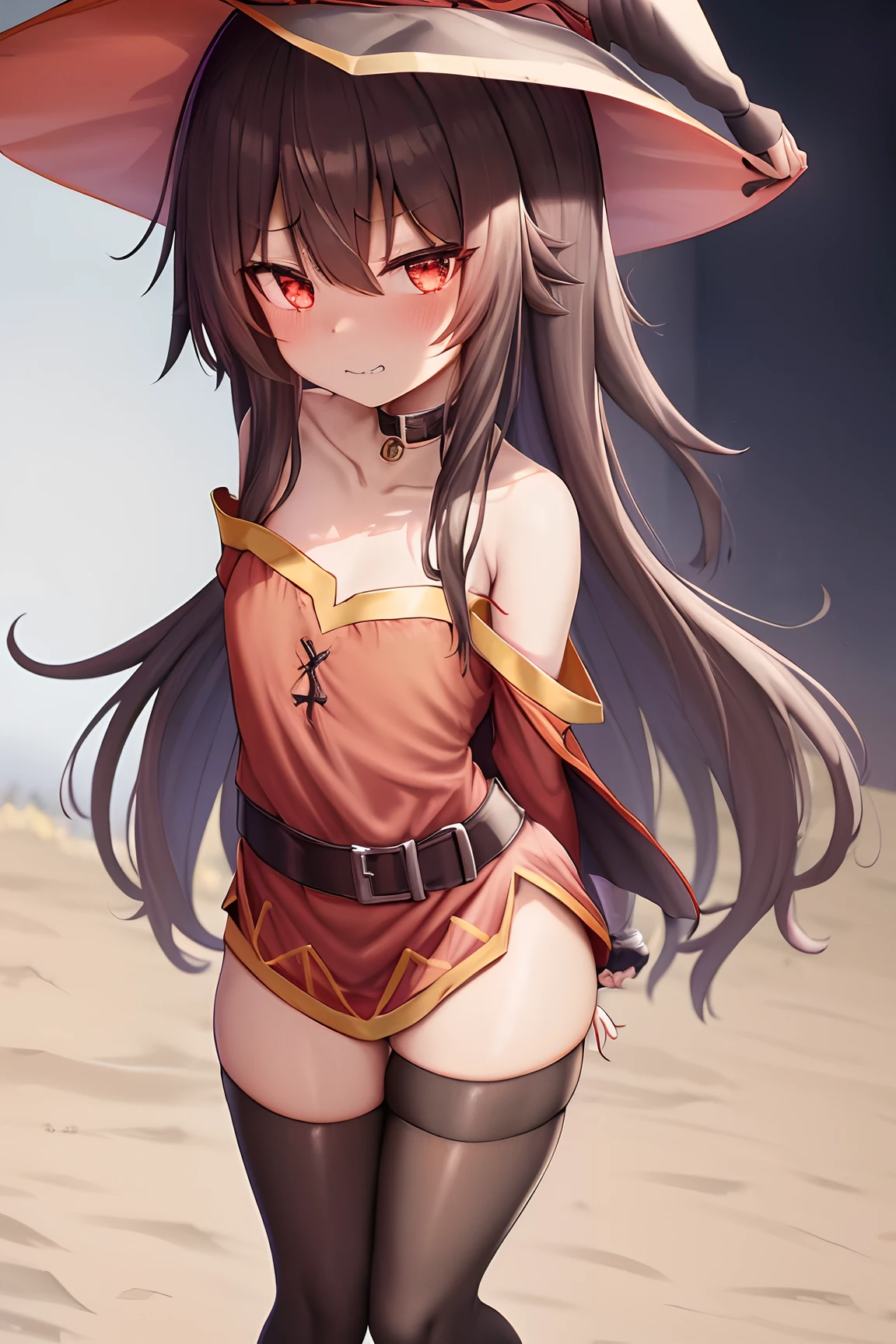 megumin, kono subarashii sekai ni shukufuku wo!, 1girl, solo, standing, looking at viewer, hat, witch hat, brown hair, short hair with long locks, red eyes, blush, evil grin, black choker, collarbone, flat chest, off-shoulder dress, dress, red dress, brown cape, long sleeves, black gloves, fingerless gloves, belt, brown belt, gold trim, zettai ryouiki, skindentation, (asymmetrical legwear:1.4), mismatched legwear, (bandaged leg:1.3), black thighhighs, (arms behind back:1.3), 

(forest:1.4)