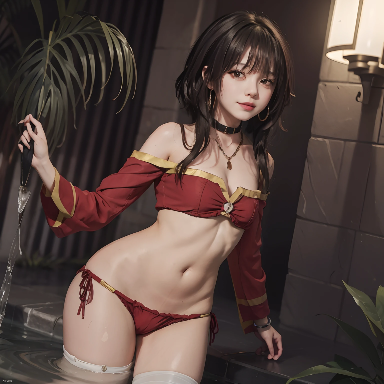 (​masterpiece:1.5),1girl, solo,17years old girl, profetional lighting,  Look at viewers,portlate,
,cowboy shot,,model,
cowboy city in the desert,desert town, (oasis with palms and water:1.3),
BREAK (oversized floral bikini),(white hair),(short hair)(evil smile:1.1),
BREAK (accessory:1.2), necklace,bangle,ring,hoop earrings,oversized pelvic curtain, skin-tight loincloth,
side view,(at night:1.5),moonlight