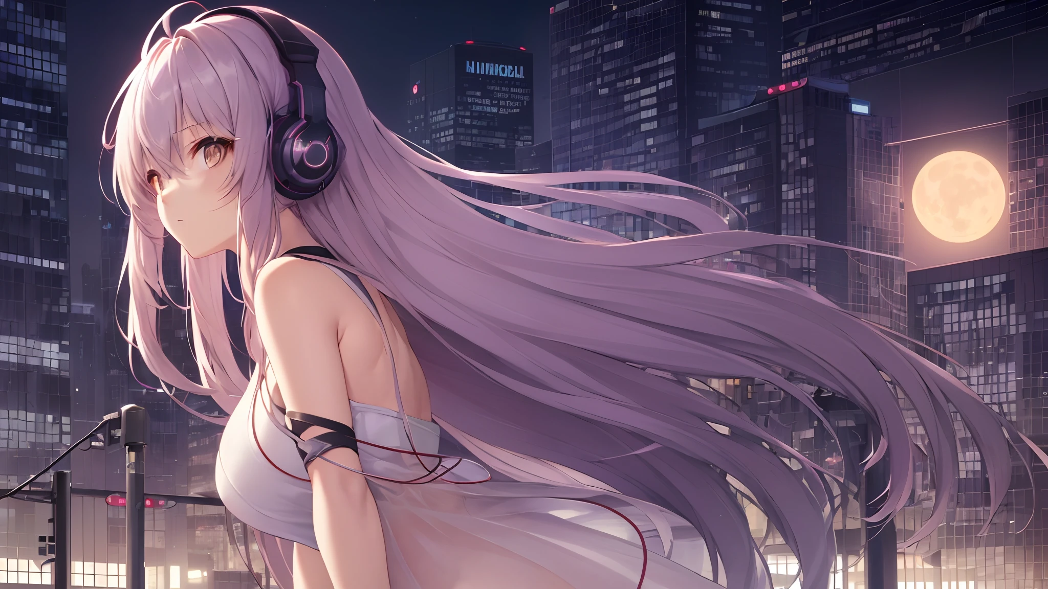 Masterpiece,Best quality,offcial art,Extremely detailed Cg Unity 8K wallpaper, full_Moon, In the cyberpunk city, strong rimlight, Huge_filesize,(comic strip), a beauty girl, Long hair, Gradient hair, Hair over eyes, Beautiful detailed eyes, Gradient_Eyes, Wear headphones and display music