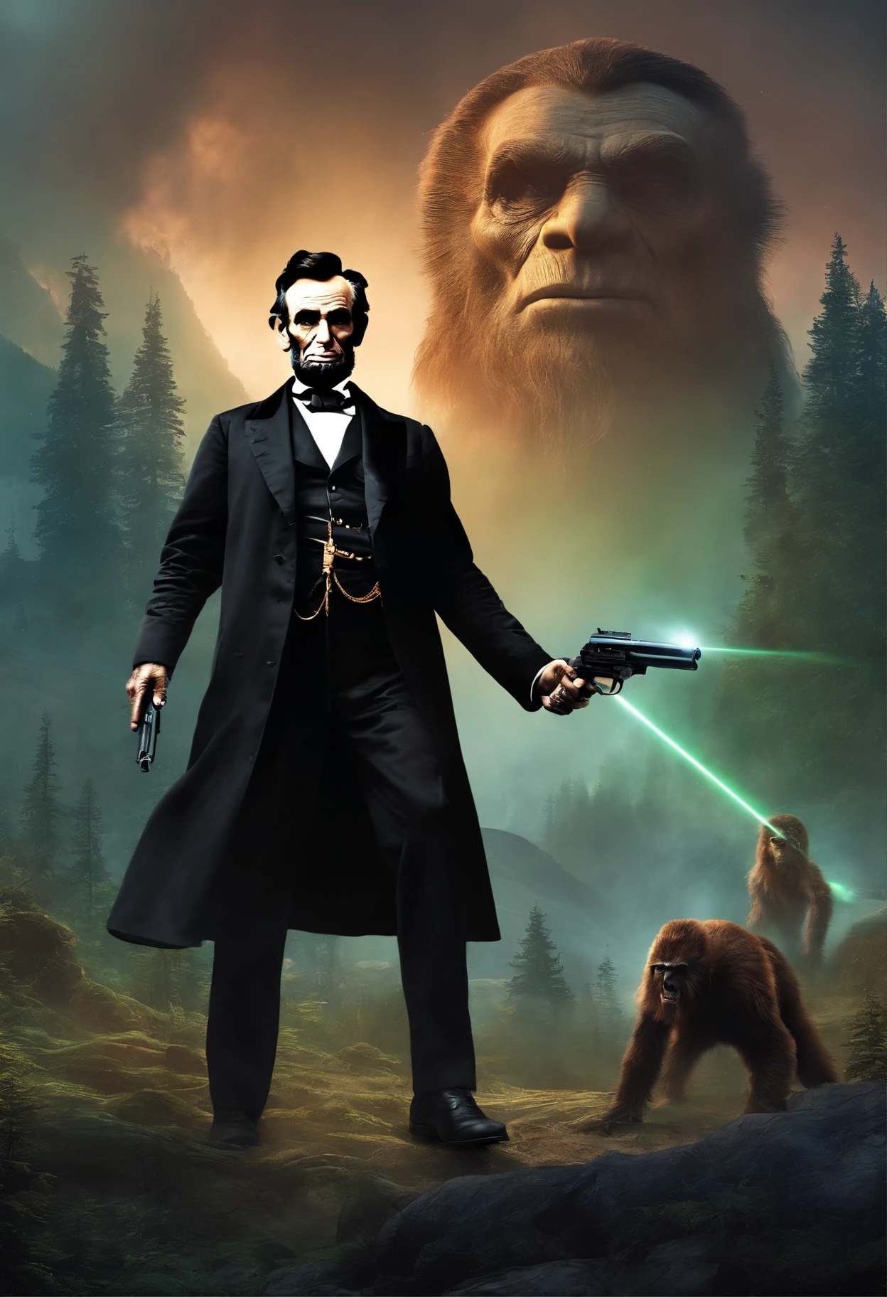 Abraham Lincoln with Sasquatch fighting grey aliens. They have laser guns. Cyberpunk