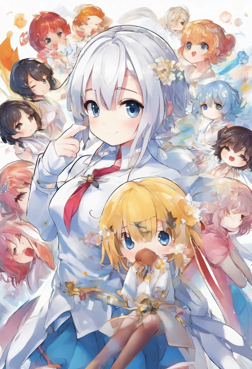 masterpiece, high quality, rpg character, cute chibi girl pointing at one direction, vector, white background, clear background, character vector, white on background,