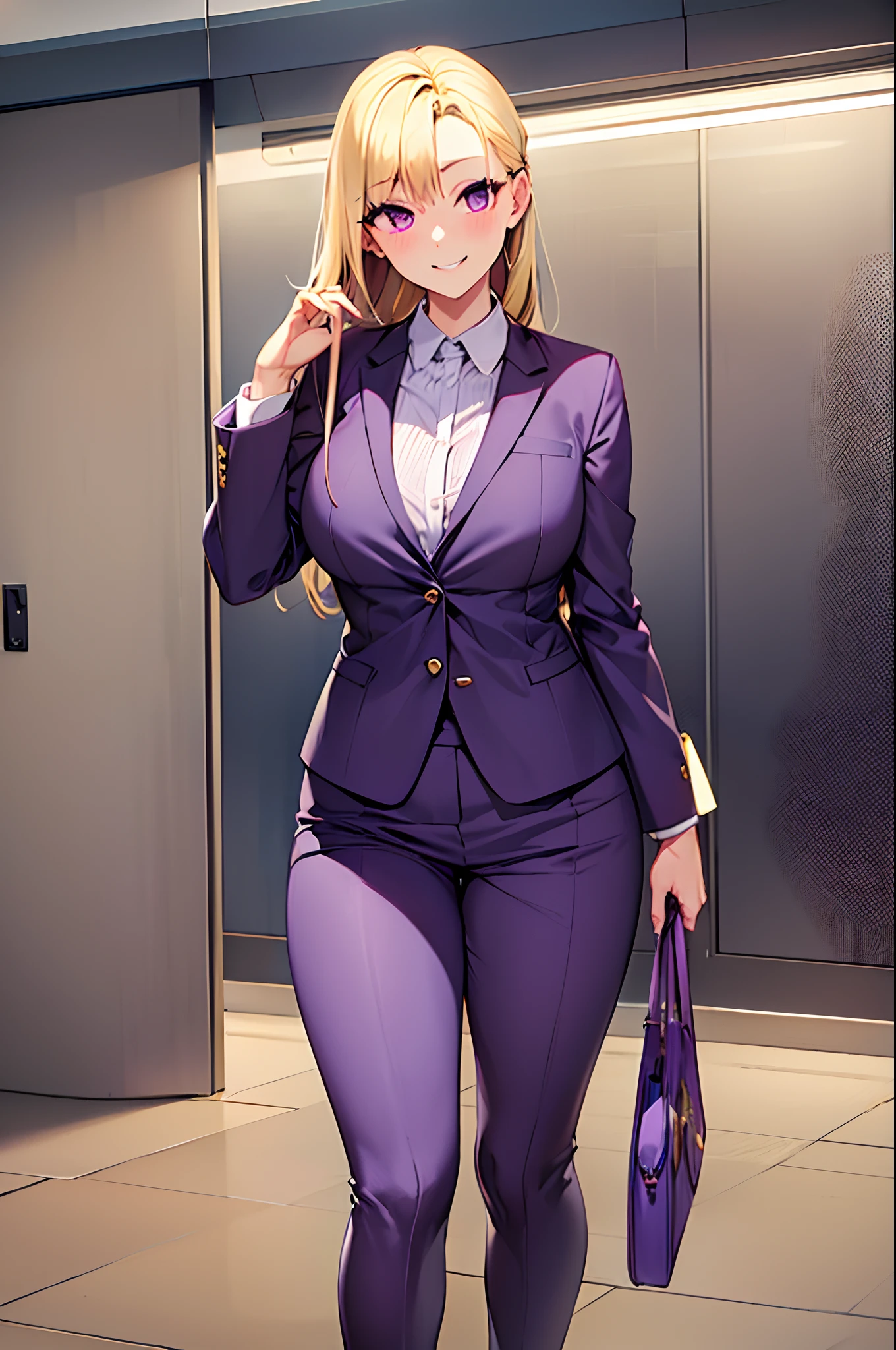 Cute, blonde woman, hairlong, Huge purple eyes, office clothes, Young, fit body, looking from front, smiling and embarrassed, stands, exteriors