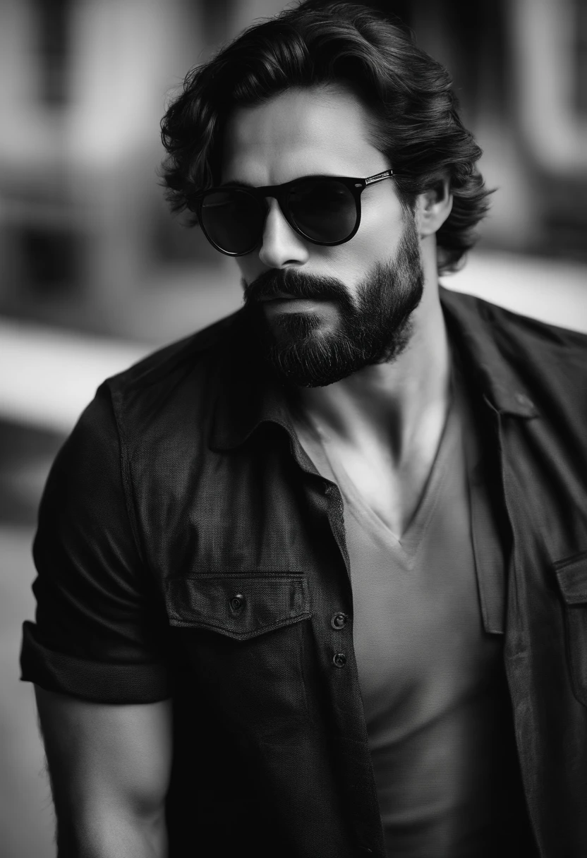 Hay un hombre con gafas de sol y barba con una camisa roja, Hombre guapo, atractivo y atractivo, she is about 30 years old, he is about 3 0 years old, about 3 to 5 years, con gafas de sol, Macho bonito, 2 7 years old, foto de perfil, 2 9 years old, Hermoso y atractivo, 2 8 years old