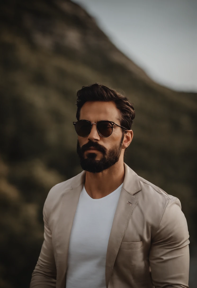 Hay un hombre con gafas de sol y barba con una camisa roja, Hombre guapo, atractivo y atractivo, she is about 30 years old, he is about 3 0 years old, about 3 to 5 years, con gafas de sol, Macho bonito, 2 , foto de perfil, 2 9 years old atractivo, 2 8 years old