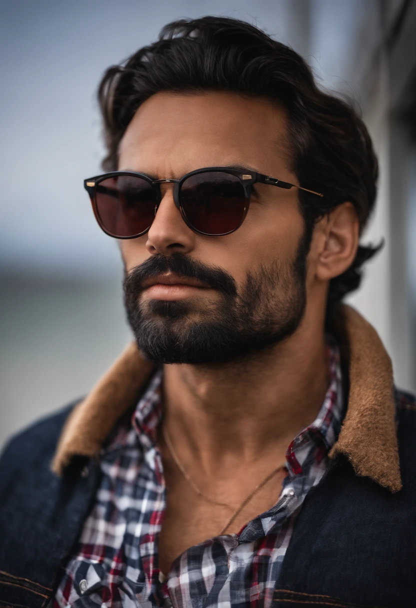Hay un hombre con gafas de sol y barba con una camisa roja, Hombre guapo, atractivo y atractivo, she is about 30 years old, he is about 3 0 years old, about 3 to 5 years, con gafas de sol, Macho bonito, 2 , foto de perfil, 2 9 years old atractivo, 2 8 years old