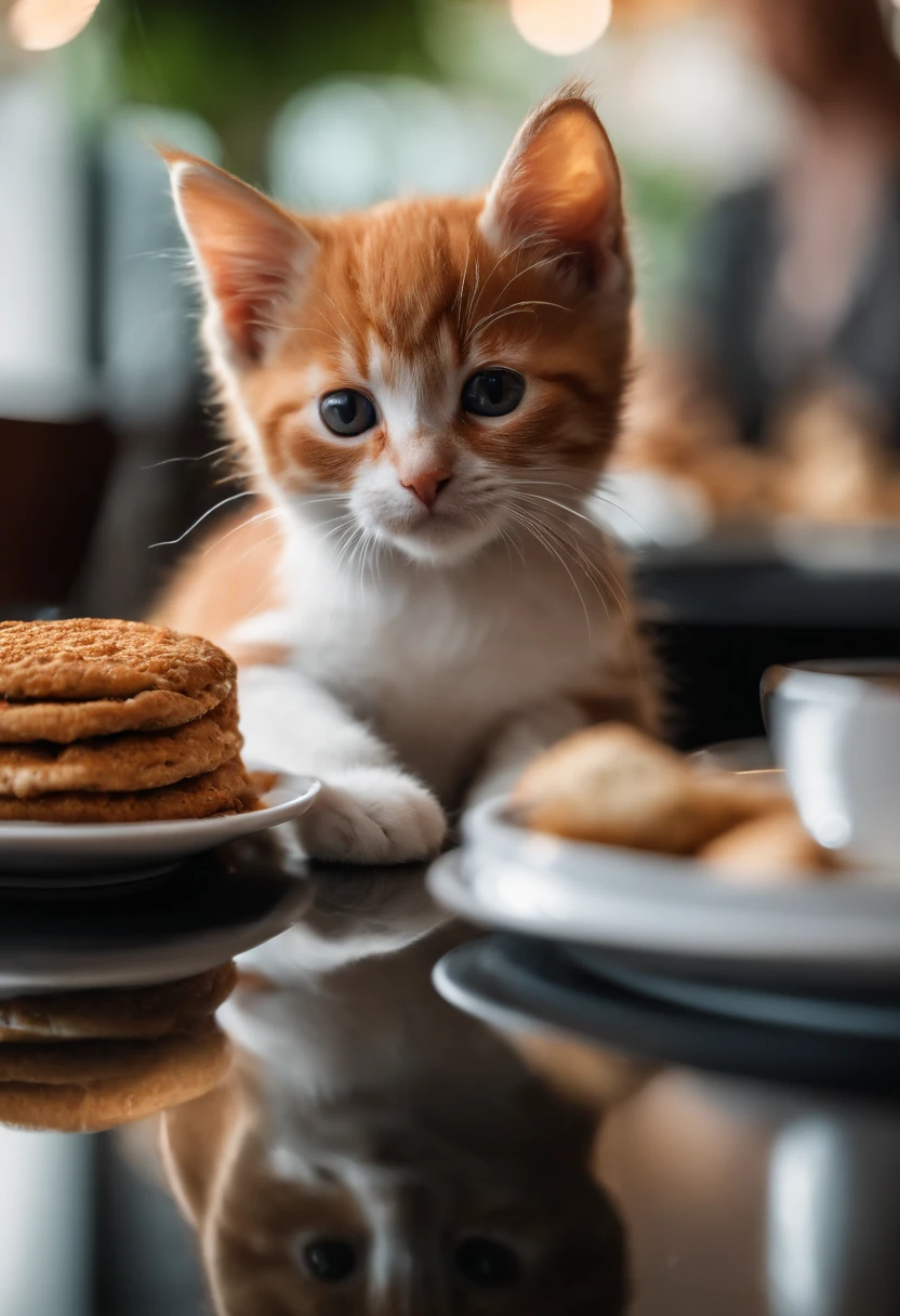 Perfect centering, Red-haired kitten, White Kitten, black kitten, Cute kittens, Put on your jacket, wearing sunglasses, wearing headphones, cheerfulness, Sitting position at a café table, Falafel and hummus on the table, abstract beauty, centered, looking at the camera, facing the camera, approaching perfection, dynamic, Highly detailed, Smooth, sharp-focus, 8K