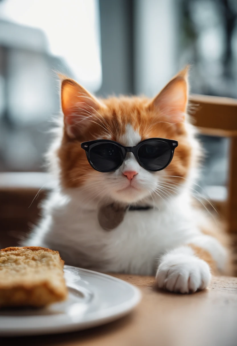 Perfect centering, Red-haired kitten, White Kitten, black kitten, Cute kittens, Put on your jacket, wearing sunglasses, wearing headphones, cheerfulness, Sitting position at a café table, Falafel and hummus on the table, abstract beauty, centered, looking at the camera, facing the camera, approaching perfection, dynamic, Highly detailed, Smooth, sharp-focus, 8K