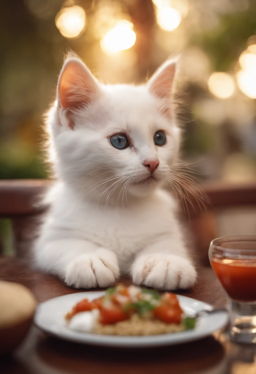 Perfect centering, Red-haired kitten, White Kitten, black kitten, Cute kittens, Put on your jacket, wearing sunglasses, wearing headphones, cheerfulness, Sitting position at a café table, Falafel and hummus on the table, abstract beauty, centered, looking at the camera, facing the camera, approaching perfection, dynamic, Highly detailed, Smooth, sharp-focus, 8K
