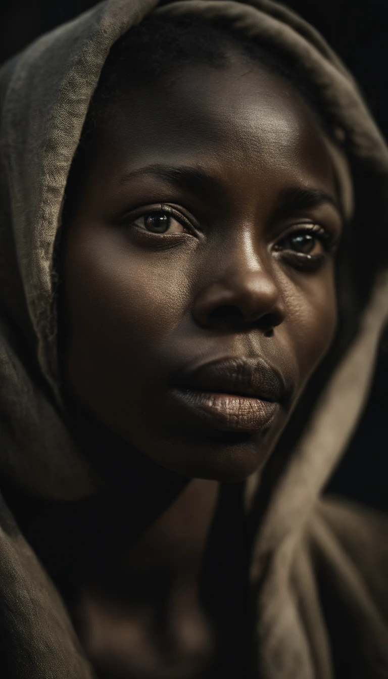 Style analogique, Model Photography Style, RAW close-up portrait of a black woman 1, ((beau visage: 1.7, visage parfait: 1.3)), (top: 1.2), Best quality, epic (par photo par Lee Jeffries, Sony A7, 50 mm , Pores: 1.5, Couleurs, hyperdetailed: 1.5, grain du film: 1.4, Hyperrealistic: 1.5), Hyperrealistic texture, Masterpiece, Unreal Engine 5, Extremely detailed 4k wallpaper of the CG unit, realistic eyes, Incredibly detailed photo, (Ecstasy of light and shadow, ombre profonde), (Winner of the Pulitzer Prize for Photography and Taylor Wessing Photographic Prize),Juju