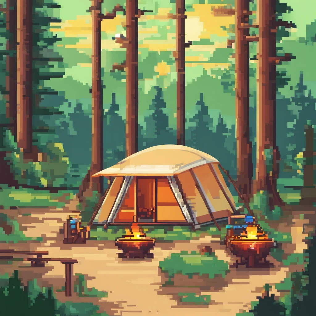 Camping in the wild forest in spring, With tent, lamp lights, Sunny, pastelcolor, High brightness, Low saturation, Pixel art