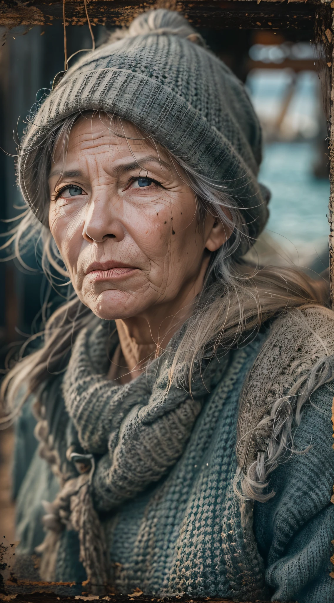 Female fisherwoman 45 years old, Weathered face, Masterpiece, Seaport, early morning, hyper realisitc, Lene Egeli, real-photo, portraite of a