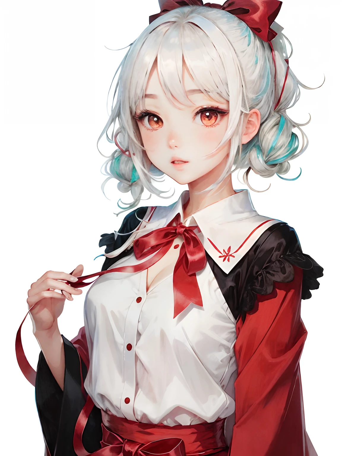 Girl pulling the ribbon on the chest of her blouse、Japan anime-style illustrations、hair color is white、Eye color is red、Wearing goth loli clothes