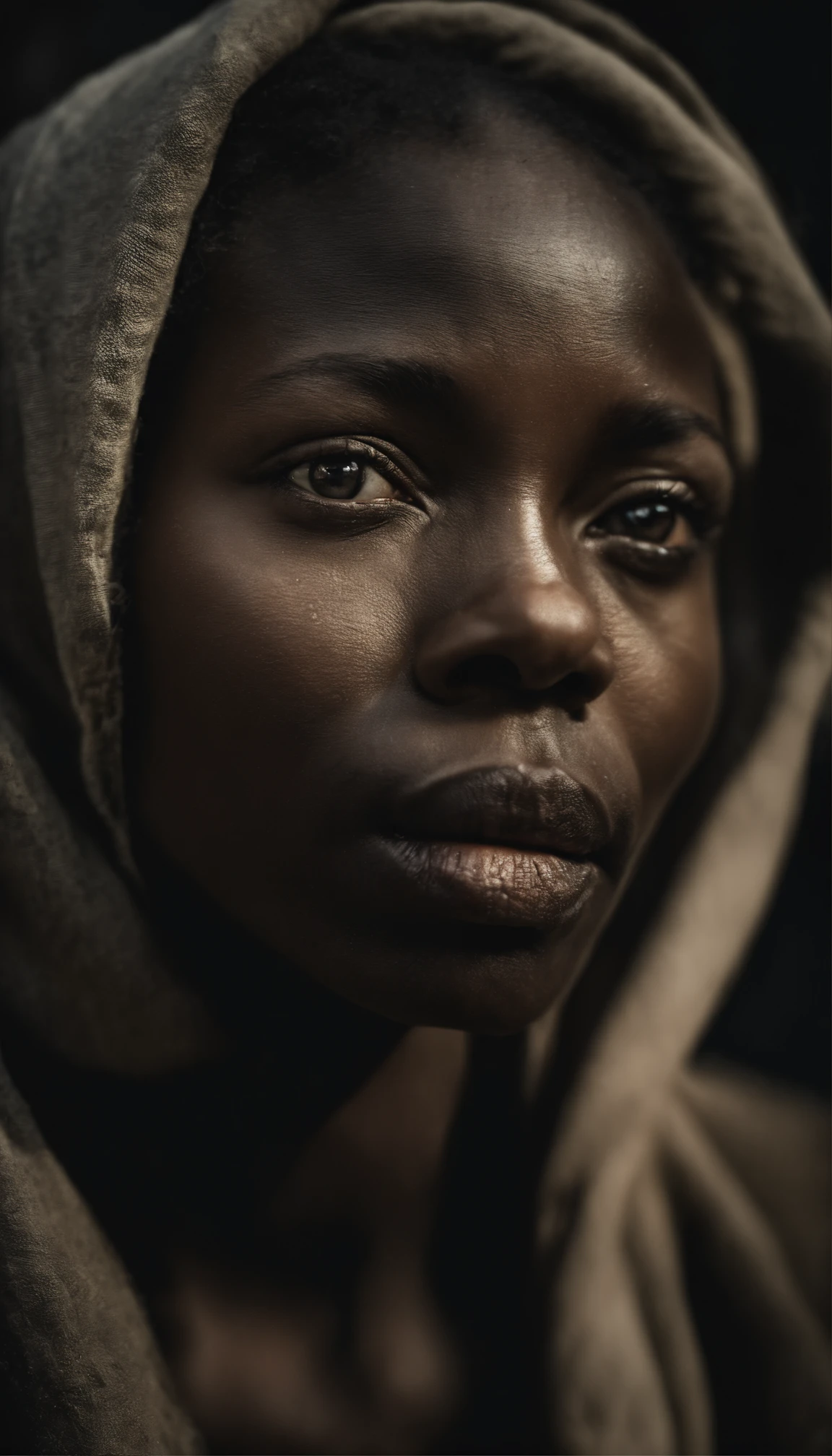 Style analogique, Model Photography Style, RAW close-up portrait of a black woman 1, ((beau visage: 1.7, visage parfait: 1.3)), (top: 1.2), Best quality, epic (par photo par Lee Jeffries, Sony A7, 50 mm , Pores: 1.5, Couleurs, hyperdetailed: 1.5, grain du film: 1.4, Hyperrealistic: 1.5), Hyperrealistic texture, Masterpiece, Unreal Engine 5, Extremely detailed 4k wallpaper of the CG unit, realistic eyes, Incredibly detailed photo, (Ecstasy of light and shadow, ombre profonde), (Winner of the Pulitzer Prize for Photography and Taylor Wessing Photographic Prize),Juju