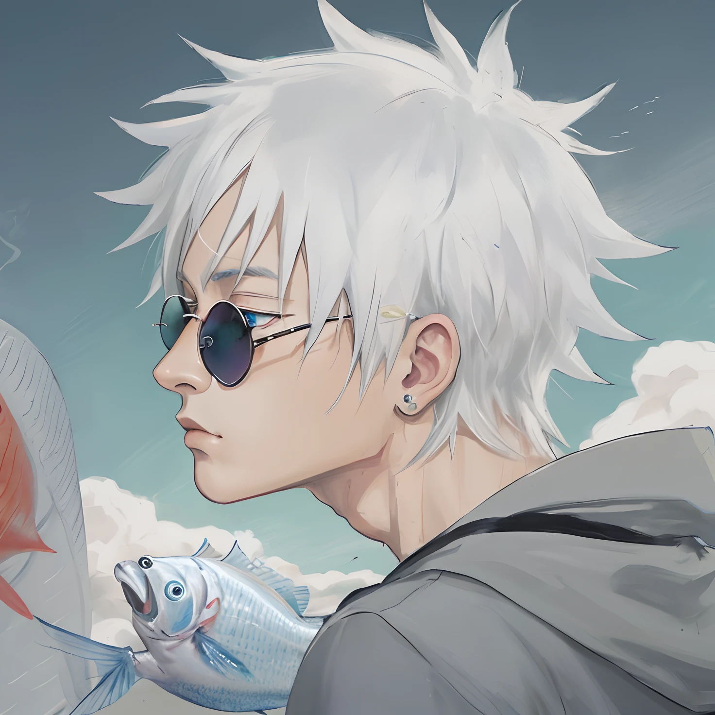 anime guy with white hair and sunglasses looking at a fish, hand coloring,blue eyes, gojo satoru, Jujutsu kaisen, realism art