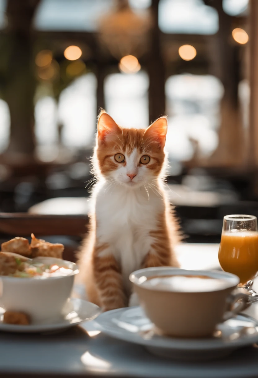 Perfect centering, Three Kittens , Red-haired kitten, White Kitten, black kitten, Cute kittens, Put on your jacket, wearing sunglasses, wearing headphones, cheerfulness, Sitting position at a café table, Falafel and hummus on the table, abstract beauty, centered, looking at the camera, facing the camera, approaching perfection, dynamic, Highly detailed, Smooth, sharp-focus, 8K
