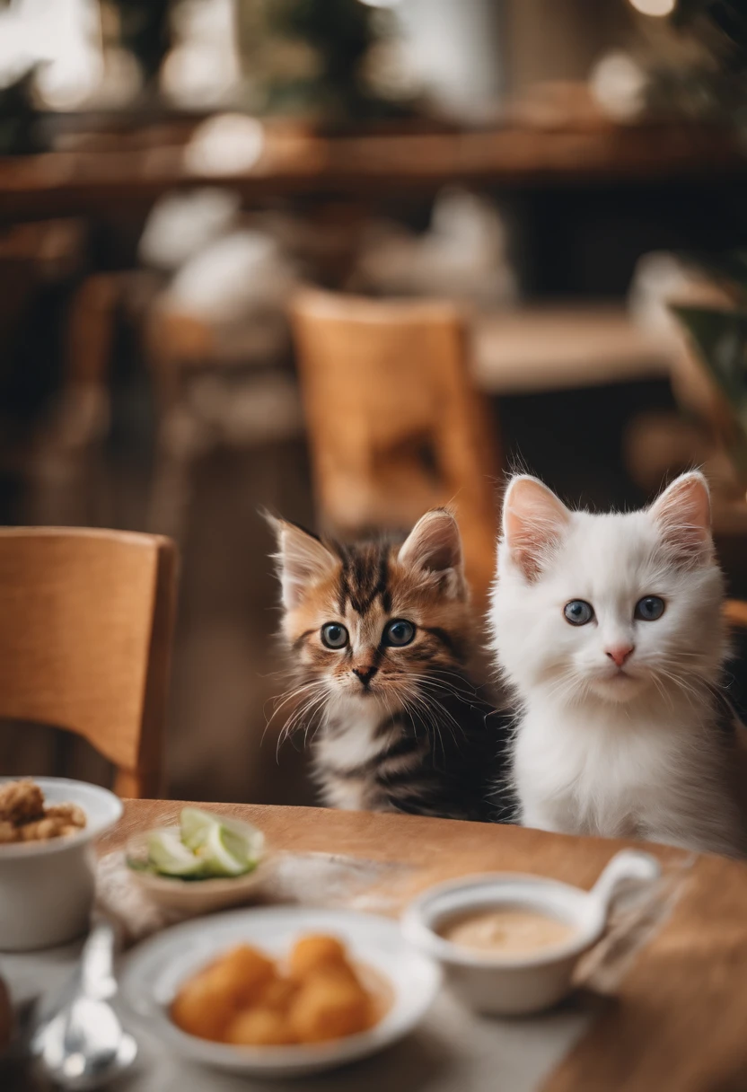 Perfect centering, Three Kittens , Red-haired kitten, White Kitten, black kitten, Cute kittens, Put on your jacket, wearing sunglasses, wearing headphones, cheerfulness, Sitting position at a café table, Falafel and hummus on the table, abstract beauty, centered, looking at the camera, facing the camera, approaching perfection, dynamic, Highly detailed, Smooth, sharp-focus, 8K