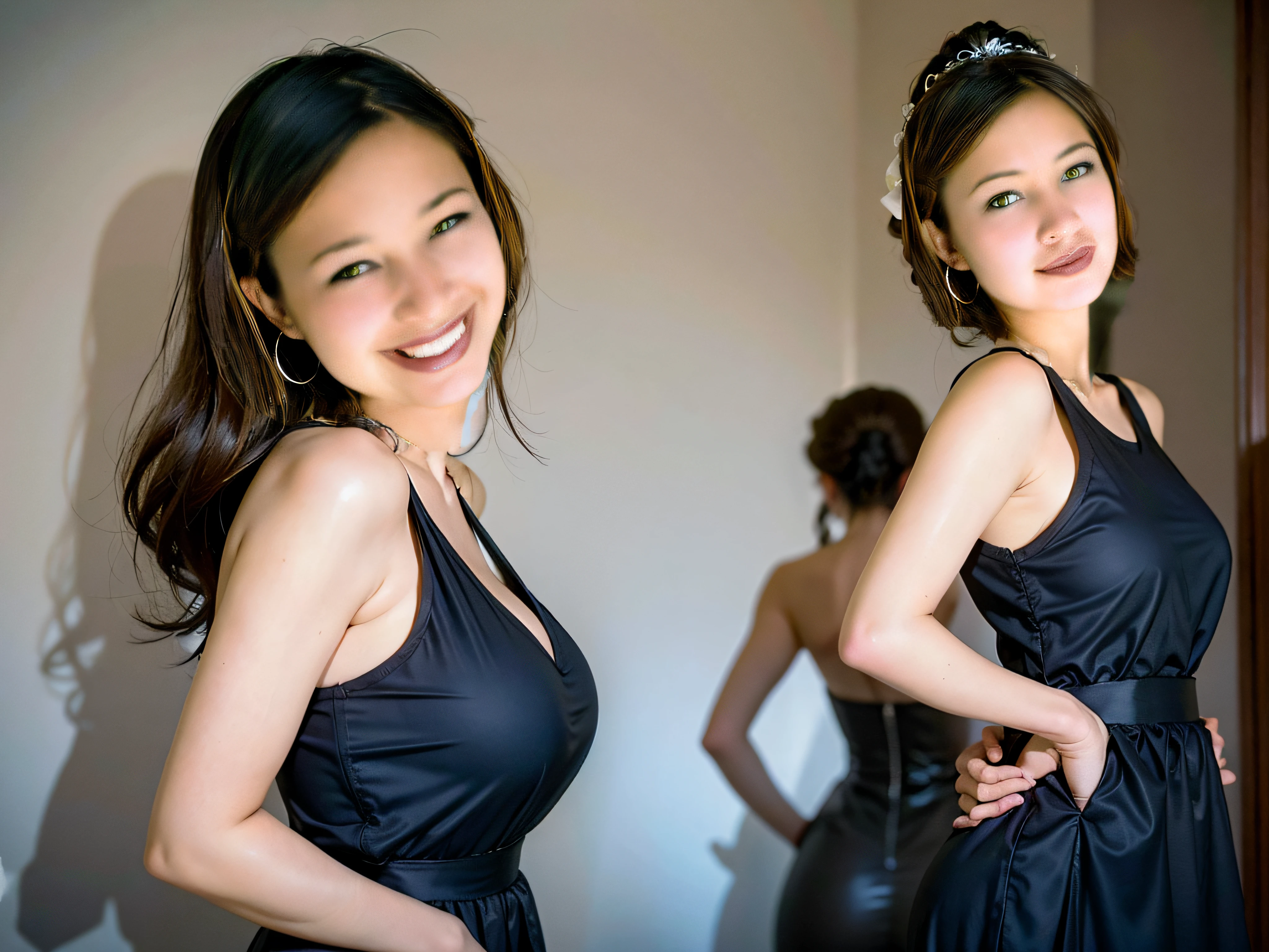 2 cuerpos de chicas hermosamente detallados en 2 vestidos tipo victoriano, con escote discreto y con grandes pechos, (pechos grandes:1.6), cintura delgada, cabello corto esponjado, Light brown hair, vestidos con detalles de encaje y botones victorianos, elementos en los vestidos blanco y negro, manos detalladas y brazos parcialmente descubiertos, guantes parciales con encaje, Elements of Erotic Maid, cintura delgada, ((cuerpo proporcional con los rostros)), ((cuerpo coherente anatomicamente de ambas modelos)), sin luz solar externa, sin reflejos, sin luz directa, luz tenue de estudio, luz difusa, luz controlada de estudio, fondo desenfocado, fondo blanco de estudio, en el fondo se ven varios gatos negros y blancos, The cats are watching the two models, elementos de fondo desenfocados, fondo profundo blanco desenfocado, los dos vestidos tienen un ligero escote mostrando parcialmente los senos grandes de las dos modelos,