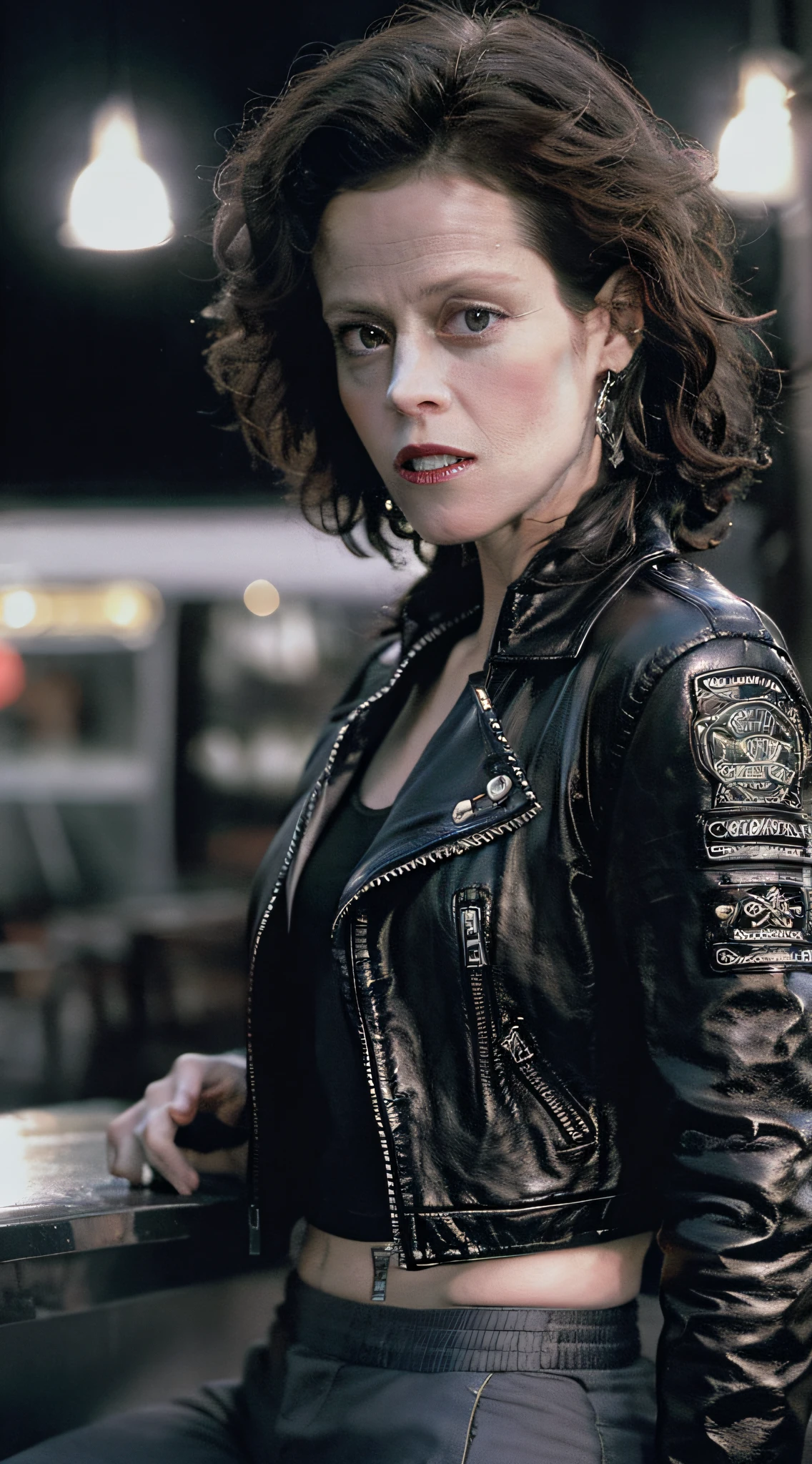 Girl Sigourney Weaver, leather jacket and crop top, Masterpiece, Against the backdrop of a roadside café, the night, hyper realisitc, real-photo, portraite of a